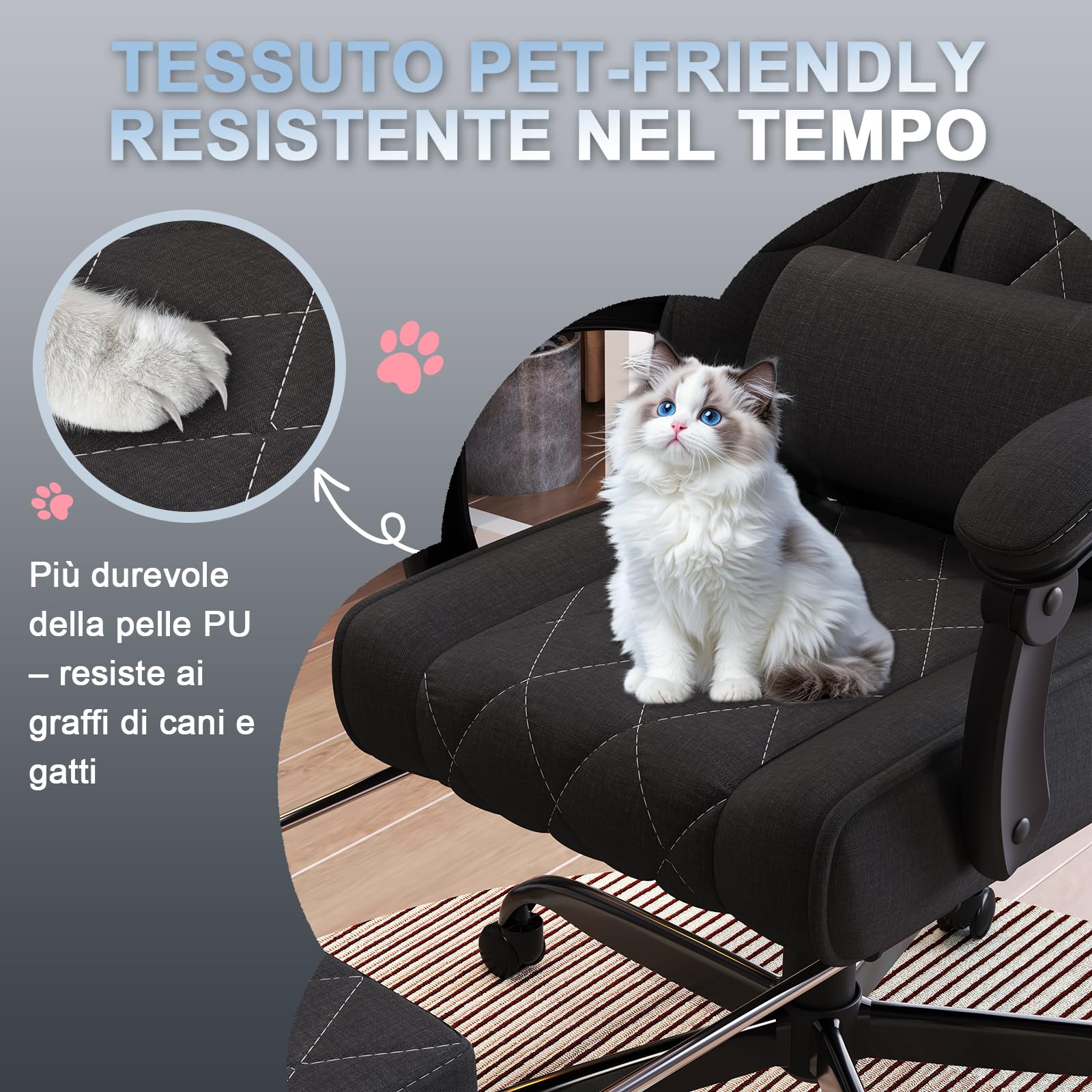 Devoko Sedia da Gaming in tessuto, Sedie Ufficio Ergonomica, Sedia Massaggiante con braccioli, Poltrona con cuscini imbottiti a molle, con ruote, braccioli, 360°girevole, Regolabile in altezza, Nera