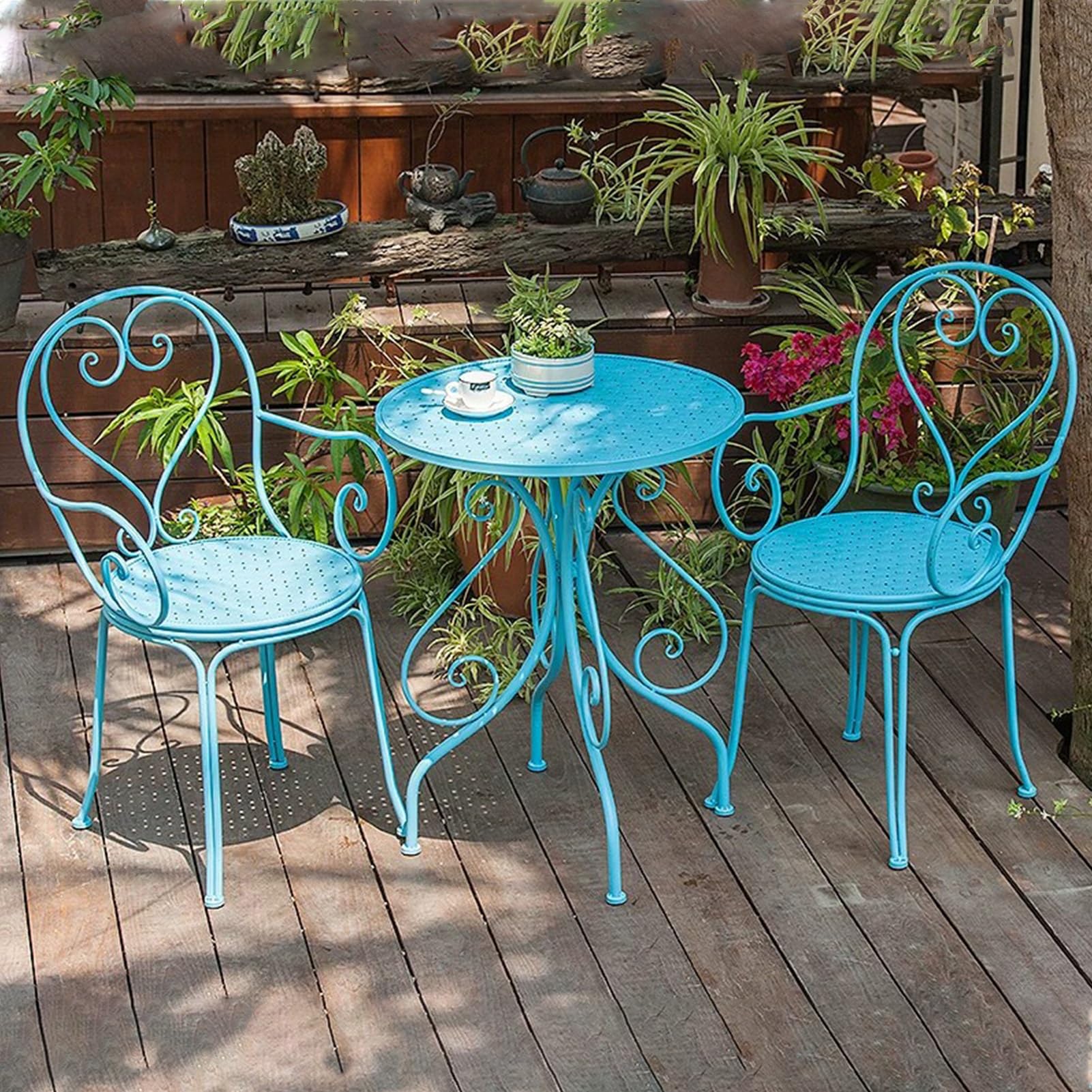 Set da bistrot da esterno in metallo, 3 pezzi, mobili da giardino in ferro per patio, balcone e portico anteriore, tavolo e sedie blu compatto per piccoli spazi, perfetto per pranzare e rilassarsi