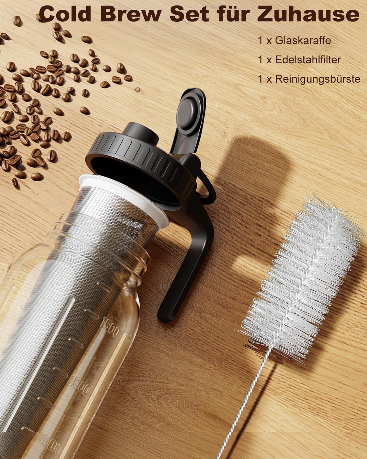 1.8 l Kaltgebrühte Kaffeemaschine – Einmachglaskrug mit Deckel und Auslauf, kein Auslaufen, Eiskaffeemaschine mit Edelstahlfilter, Eistee, Limonade und kaltgebrühtes Gebräu (schwarz)