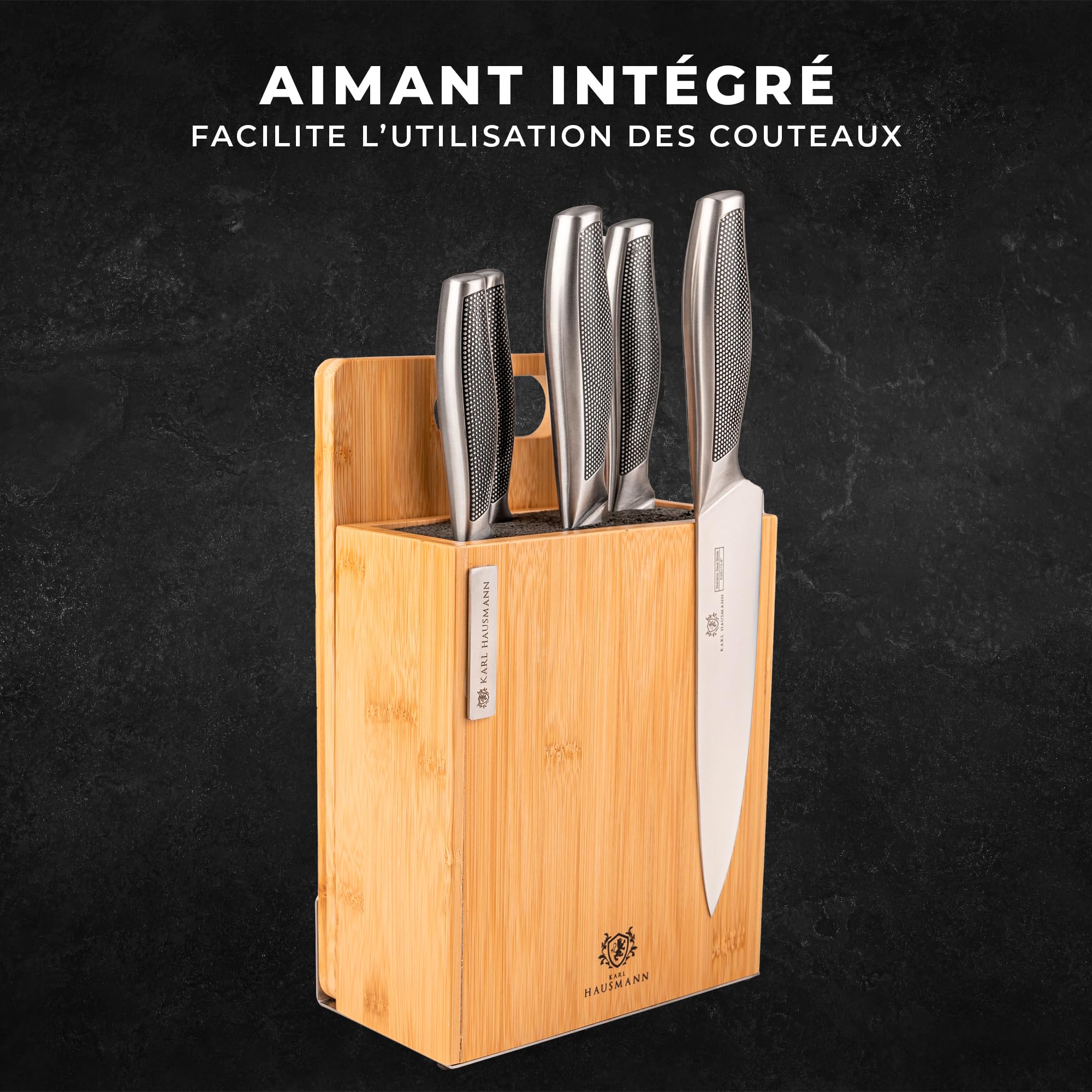 KARL HAUSMANN Bloc Couteaux Magnetique 3-en-1 en Bambou - 23x19,5x11cm - Support Couteau Sans Couteaux avec Planche à Découper et Insert Universel - Porte Couteau Cuisine