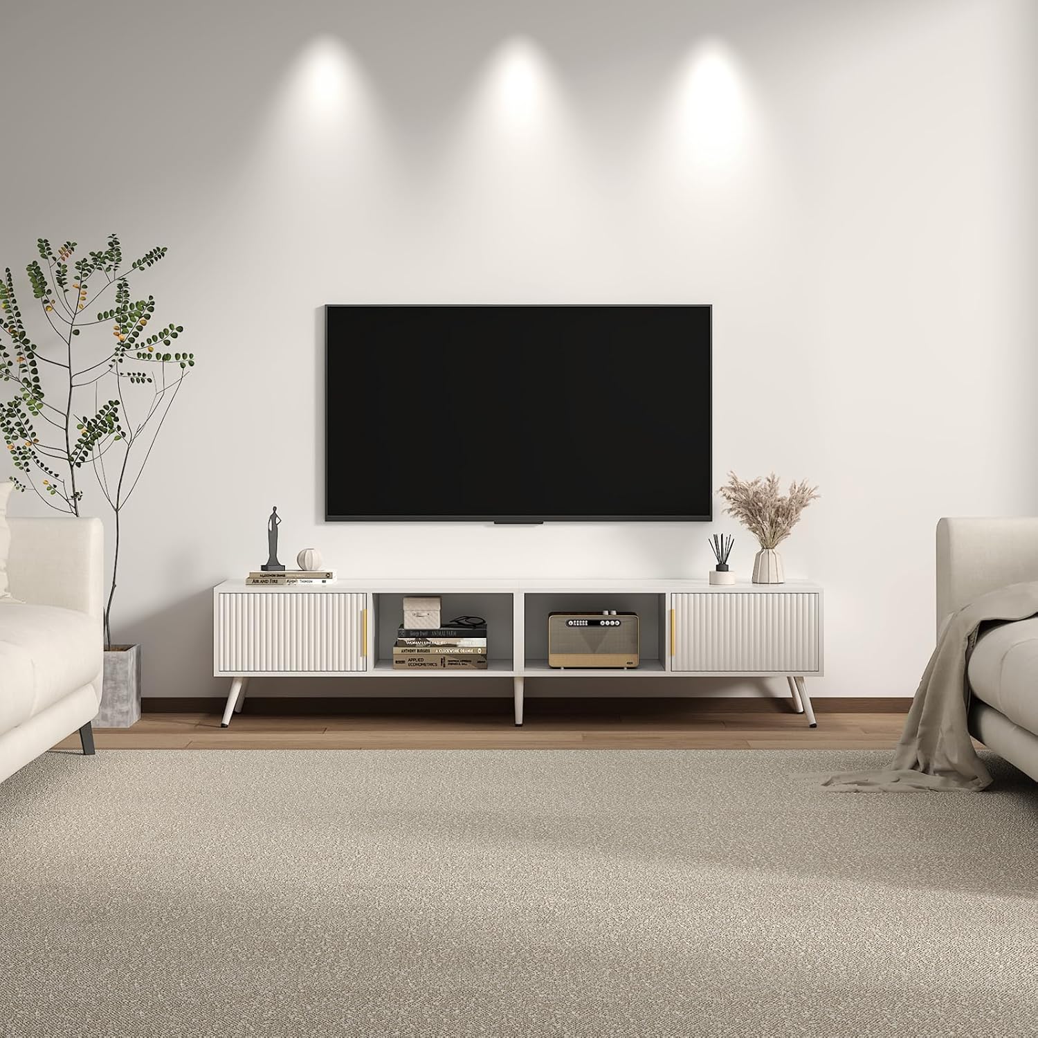 Fluted TV Stand for 55 65 70 75 78 inch TV, Modern Chic Entertainment Center for TVs, Entertainment Center with Storage, Television Stands, TV Media Console for Bedroom, Living Room (White)