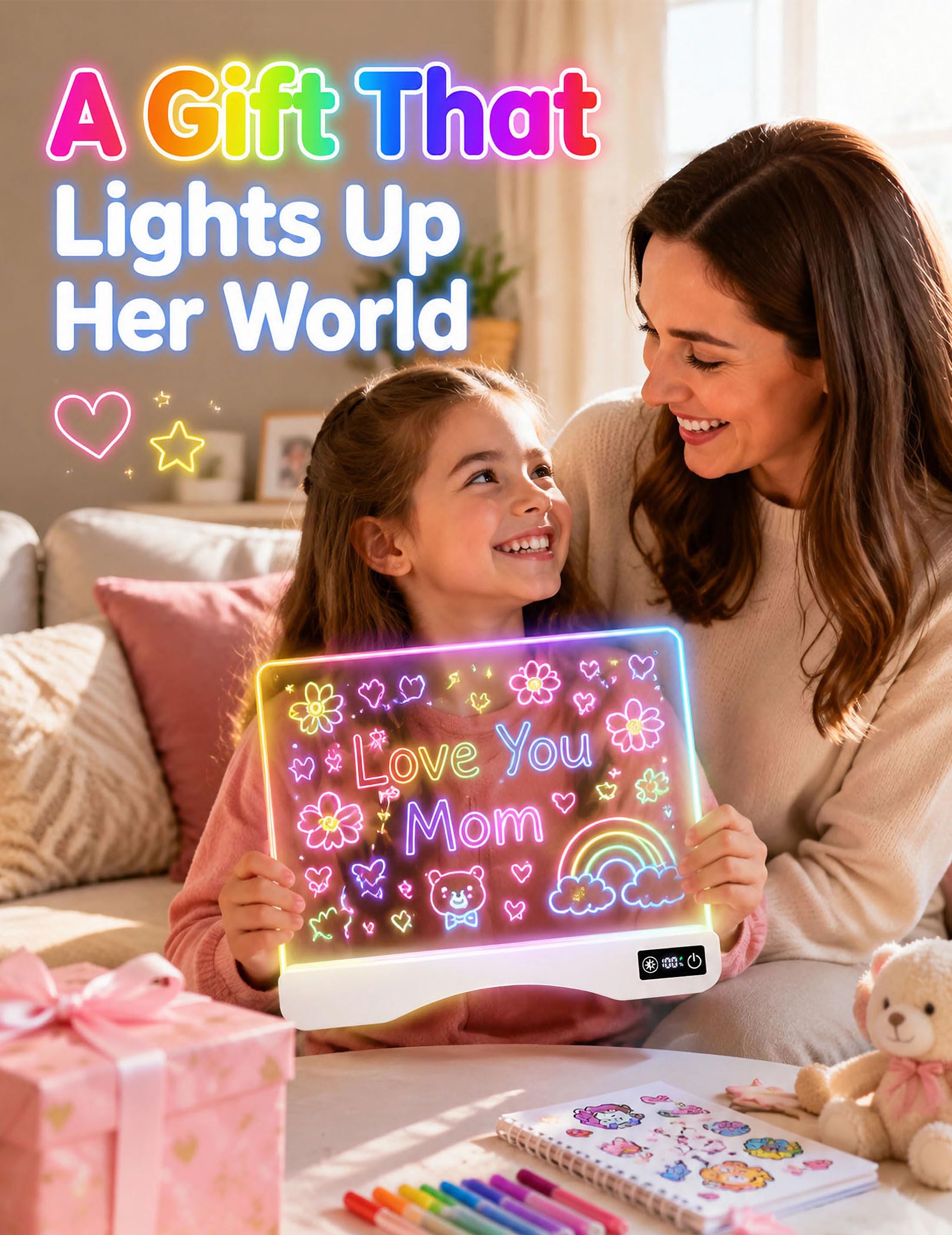 Lavagna da disegno a LED ricaricabile per bambini, 40,6 cm, luminosità regolabile, con telecomando, 21 effetti di luce, in acrilico, cancellabile a secco, con 12 pennarelli, regalo di compleanno per