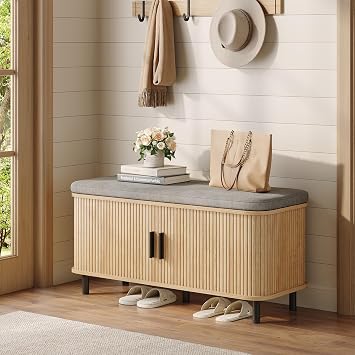 Maupvit 39"Upholstered Shoe Storage Bench, Entryway Bench with Linen Seat Cushion, 2 Tier Hidden Shoe Rack with Adjustable Shelf & Sliding Door, Bench for Bedroom End of Bed, Front Door, Entrance, Oak