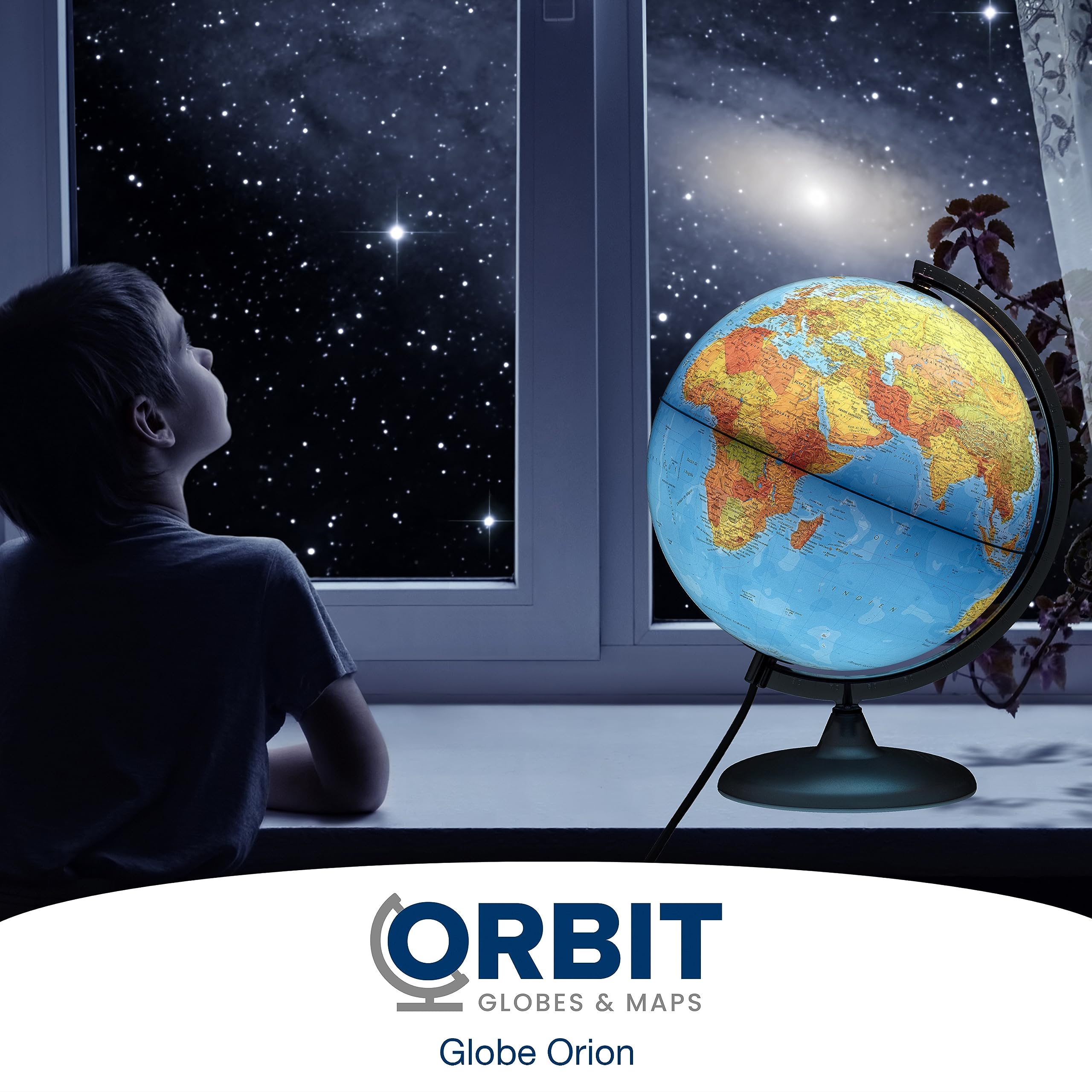 ORBIT GLOBES & MAPS - Globe lumineux - globe de 30cm avec pied stable, image de carte 2023 physique/politique avec lampe LED, image de carte française actuelle