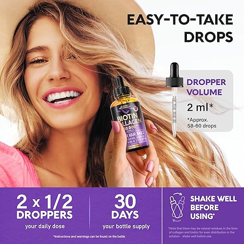 Miniatura 5 de NUTRAHARMONY Colágeno líquido y biotina gotas para el crecimiento del cabello para mujeres y hombres extra fuerte 60000 mcg suplemento de vitamina