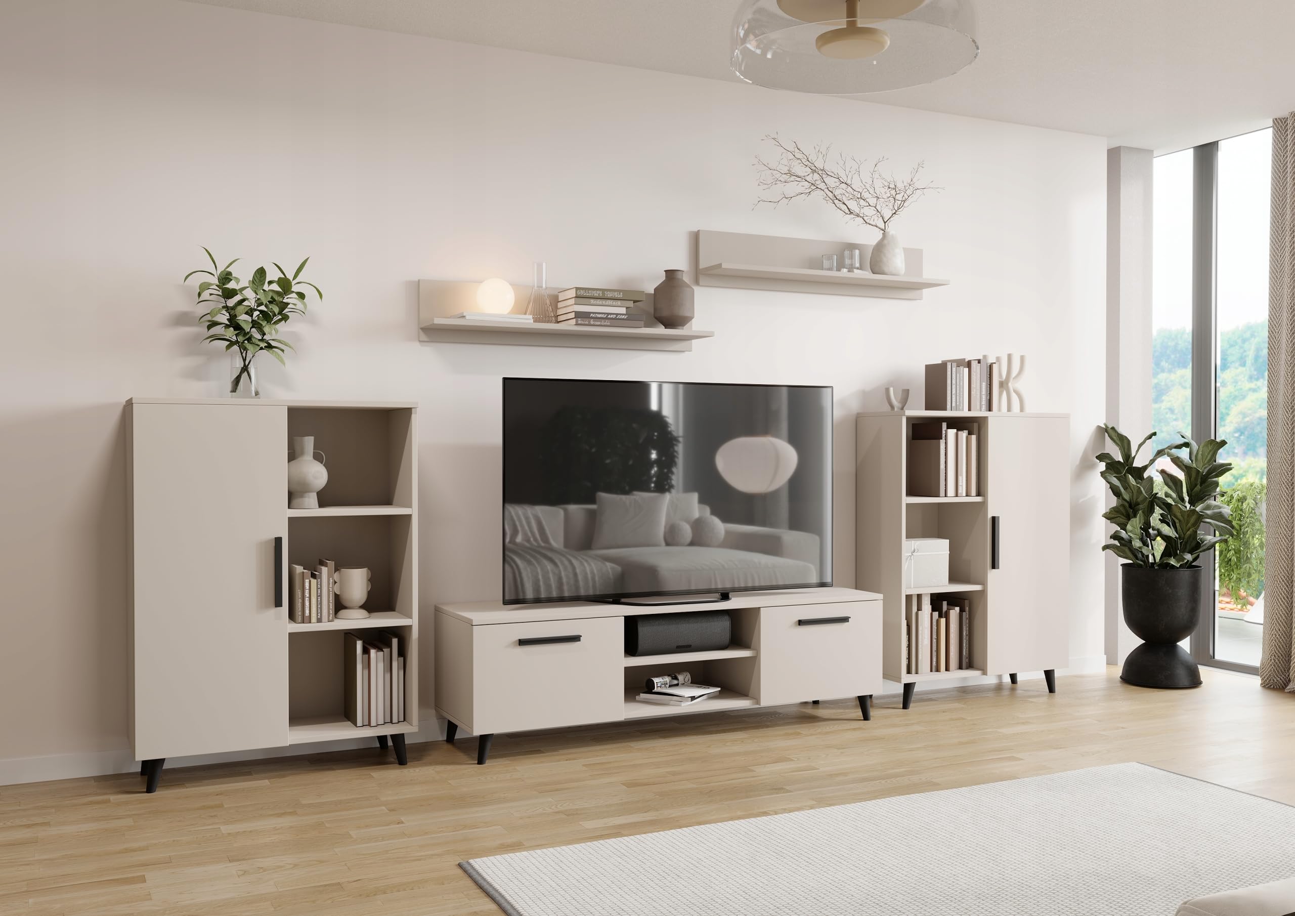 Per la vita Schrankwand Kaschmirfarbe Oslo II – Modernes Regalwohnzimmer Set in Kaschmir - Möbel Modern mit integriertem Wohnzimmerschrank, TV Schrank, Sideboard & Wandregal x2