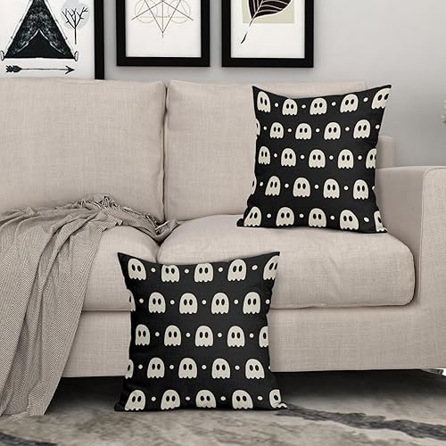 Miniatura 3 de Juego de 2 fundas de almohada de fantasma negro y beige de 18 x 18 pulgadas  18.0 x 18.0 in., bonitas fundas de almohada decorativas de lino de