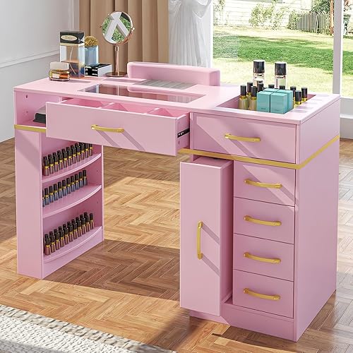 Manicure Table w/Electric Dust Collector, Glass Top Versatile Manicure Station for Nail Tech, Nail Desk Includes Wrist Cushion, Storage Cabinet & Drawers, Shelves, for Salon & Home, Pink