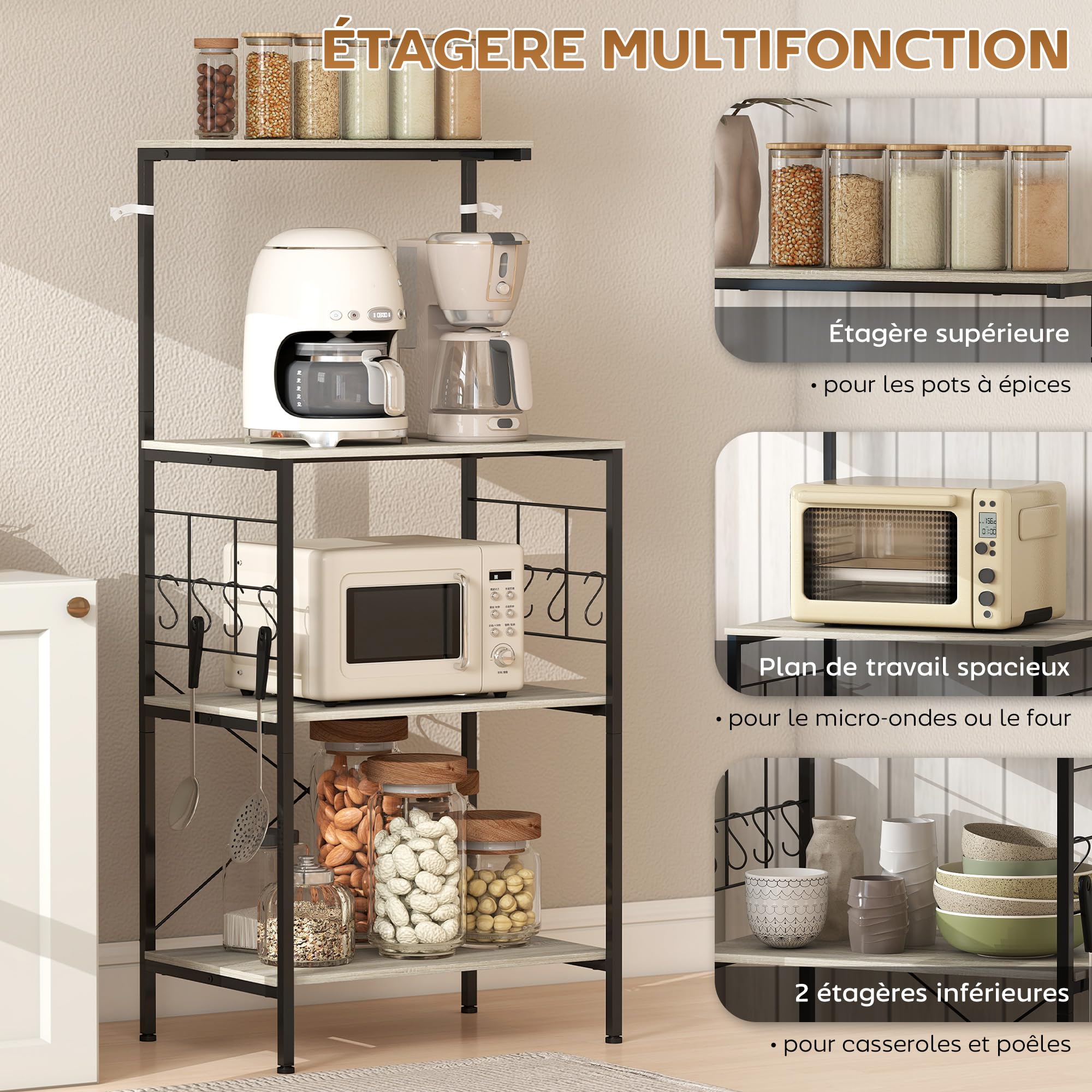 HOMCOM Étagère de cuisine Support Micro-Ondes 60 x 42 x 134,5 cm Chêne | Étagère de Rangement, Panneau Grillagé, 8 Crochets, Station Bar à Café, pour Épices Casseroles Poêles