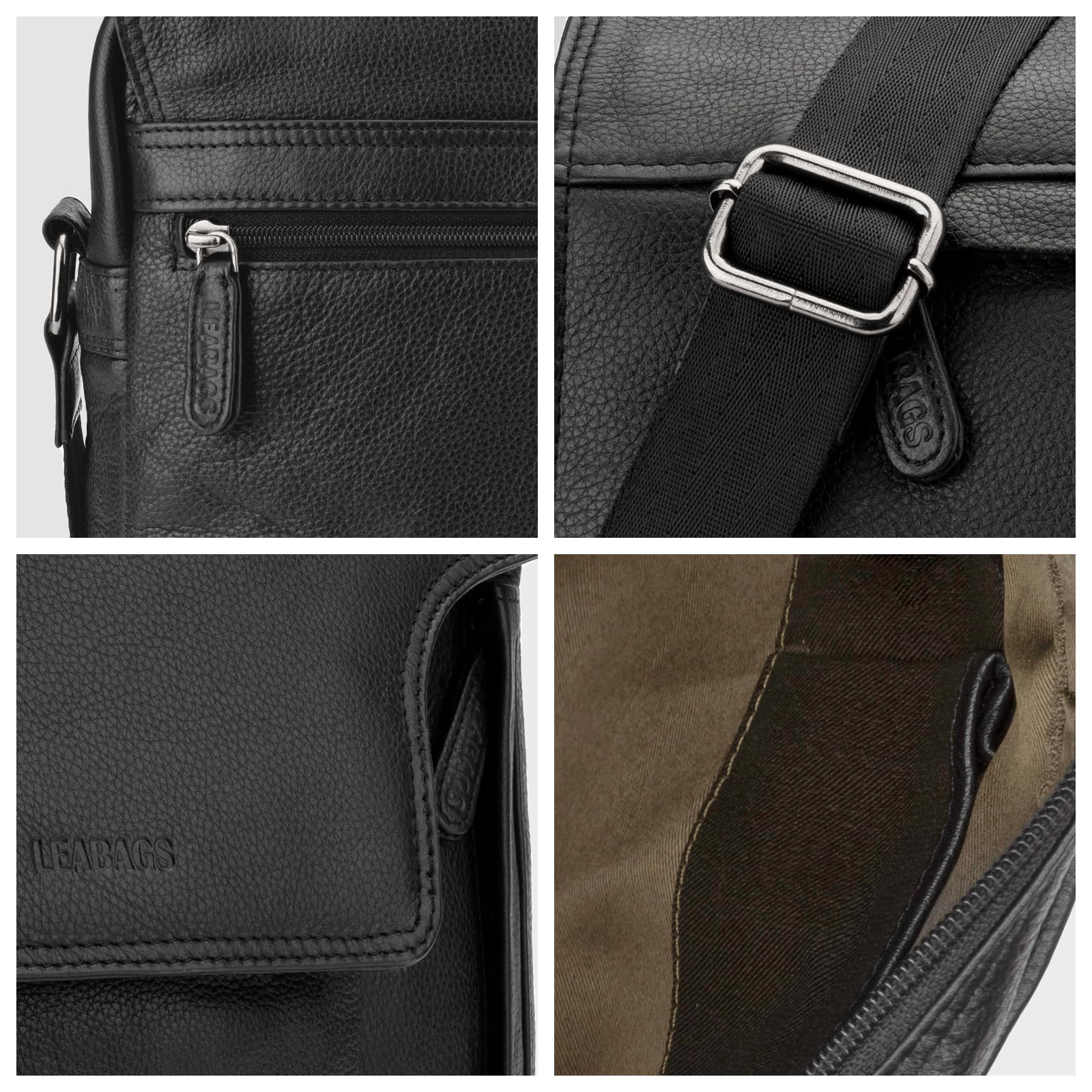 LEABAGS Borsa a Tracolla in Pelle per Uomo e Donna | Borsa per Laptop in Vera Pelle fino a 13 Pollici | Messenger Bag con Tracolla | Borsa da Lavoro, Trasporto e a Mano | Nappa Nera