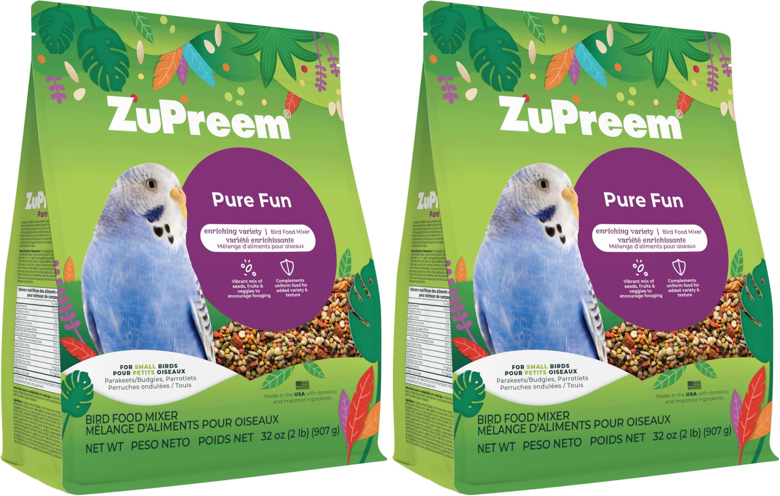 Pure Fun Bird Food for Small Birds, 2 lb Bag | Powerful Blend of Seeds, Natural FruitBlend Pellets, Vegetables, Fruit for Parakeets, Budgies, Parrotlets, Canaries, Finches (Pack of 2)