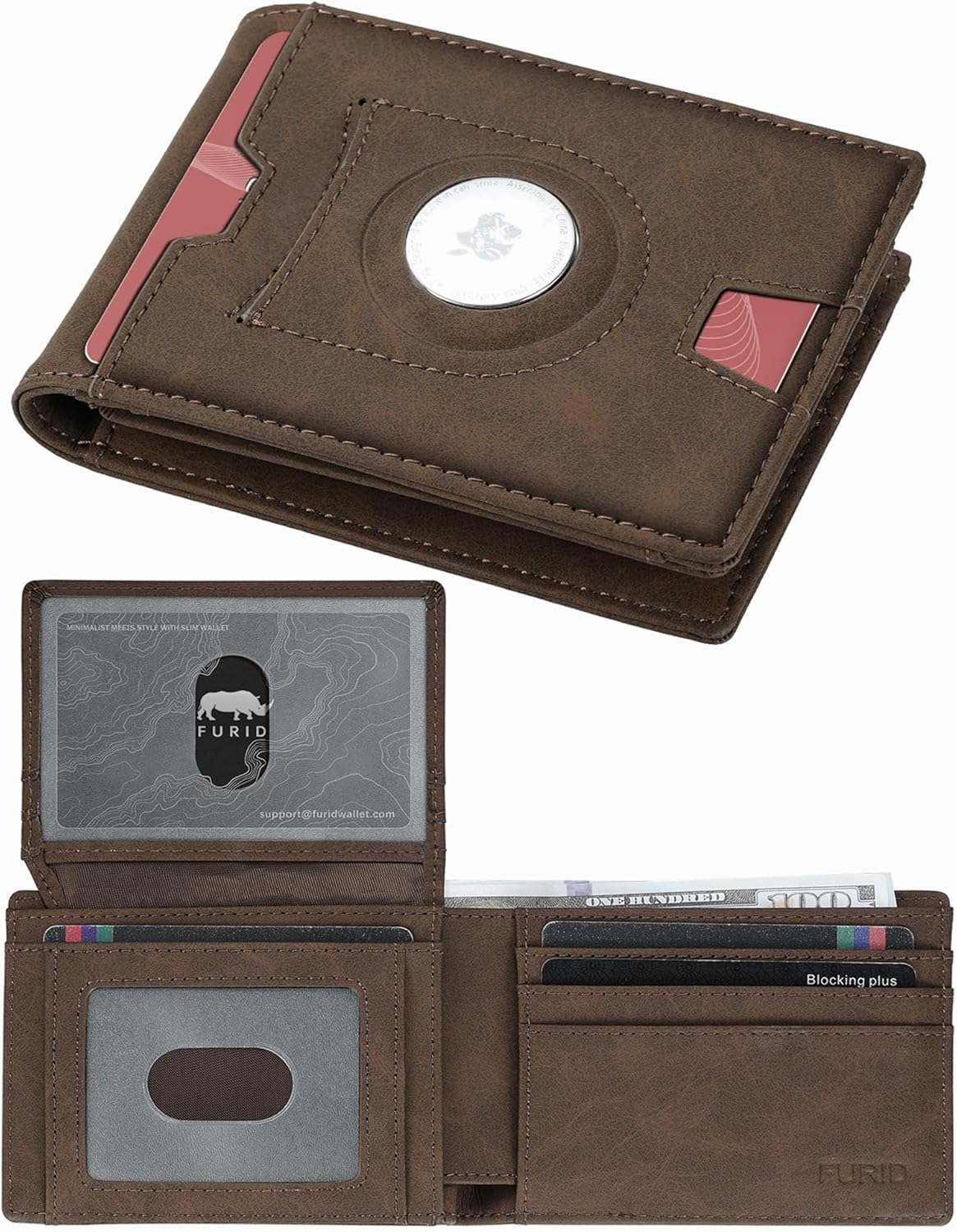 furid Air Tag Wallet Men Slim: Minimalist 2 ID Window RFID Leather Wallets with Airtag Holder - Gifts for Husband Father at Birthday Anniversary