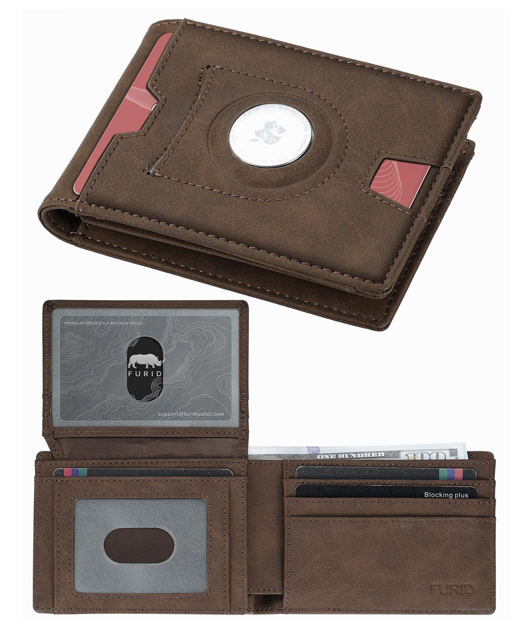 furid Air Tag Wallet Men Slim: Minimalist 2 ID Window RFID Leather Wallets with Airtag Holder - Gifts for Husband Father at Birthday Anniversary