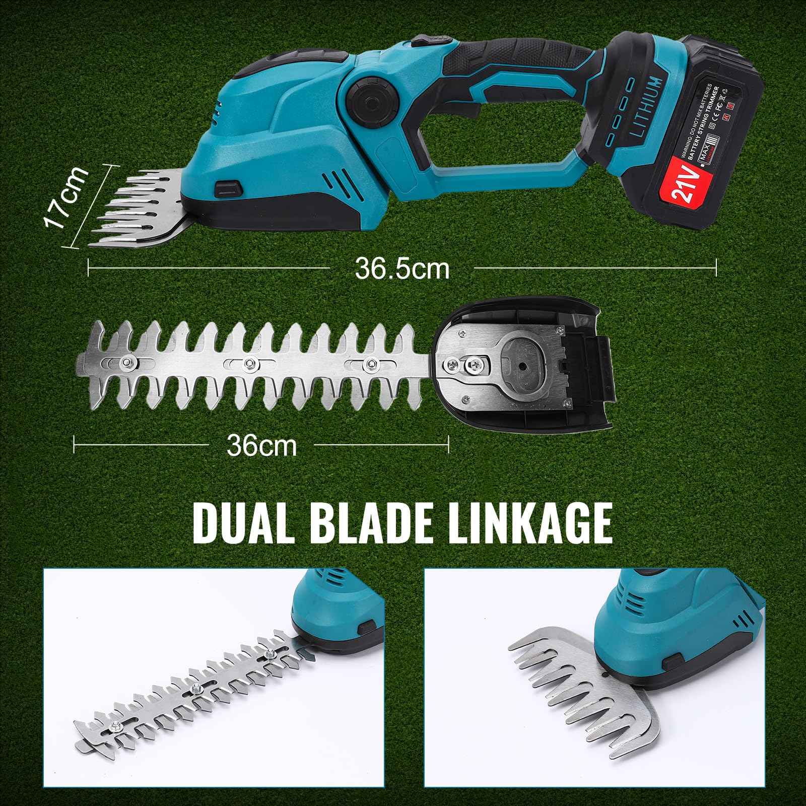 Cortasetos eléctrico 2 en 1 con batería y cargador de 3000 mAh, recortadora de arbustos de 36 cm, cuchillo de hierba de 18 cm, motor sin escobillas, para jardinería compacta