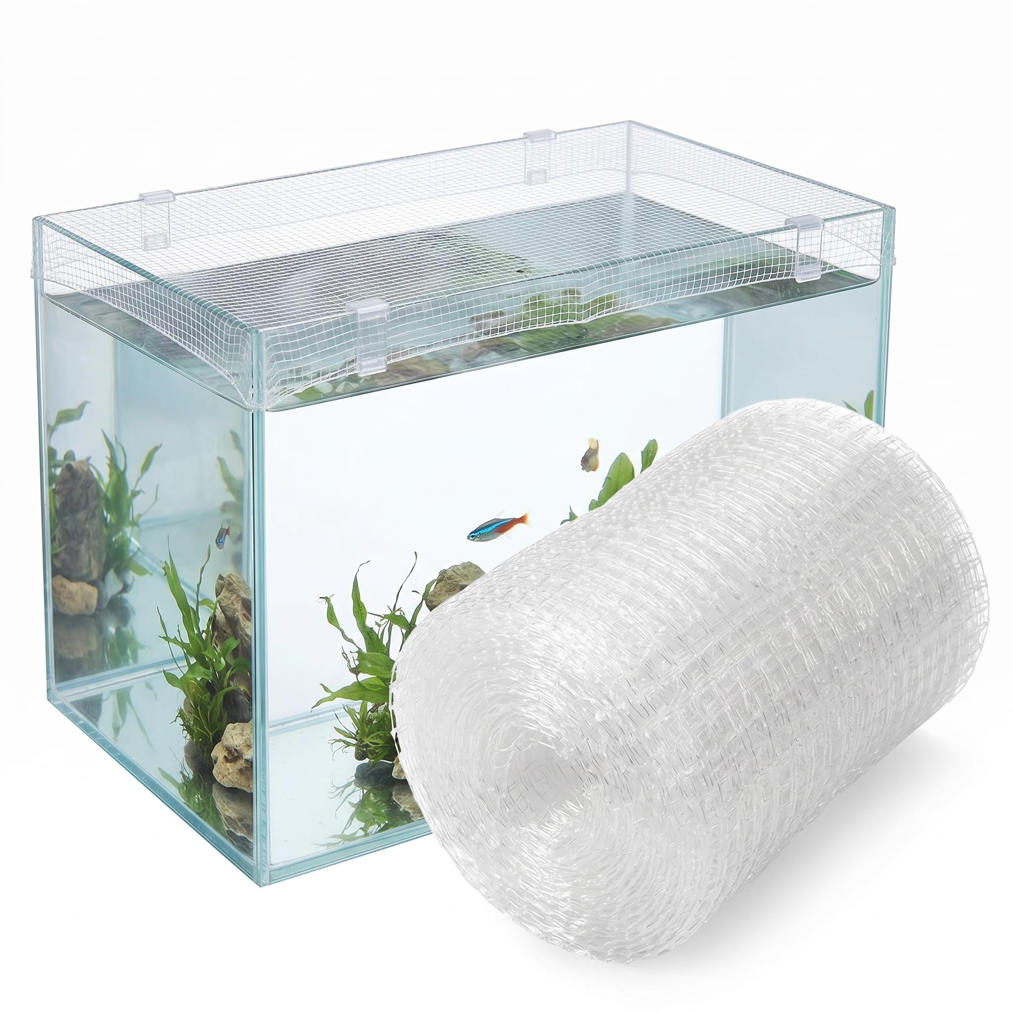 FOMIYES Red de protección para acuario, 220 x 120 cm, cubierta transparente de polietileno para tanque de peces y jaula de pájaros (ajustable, duradera)