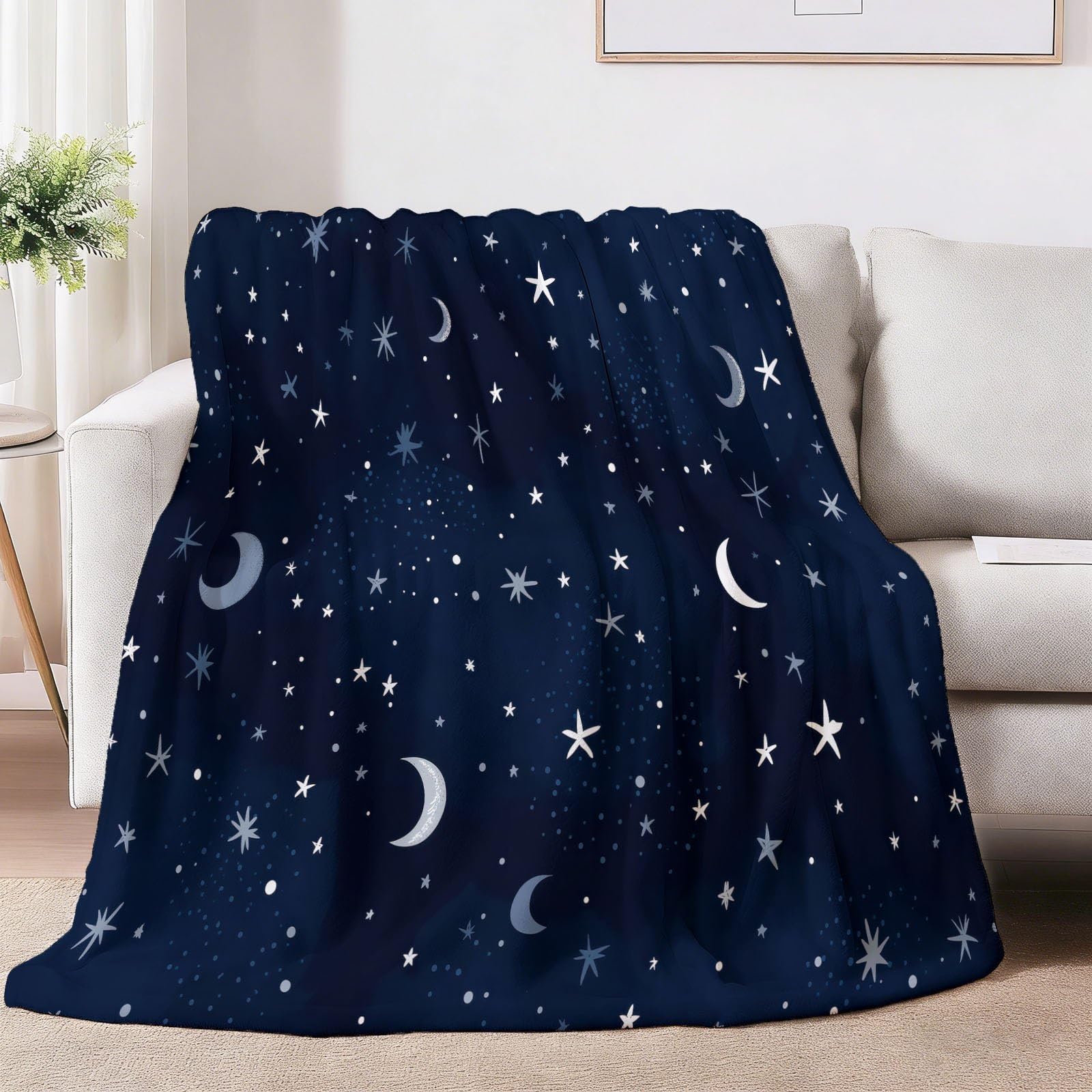 Modern Fantasy Kuscheldecke Sterne Mond Weltraum Decke Tagesdecke Wohndecke Marineblau, Couchdecke Weich Warm Flauschig, Sofa Decke für Reisen Zelten Outdoor, 150 x 200 cm