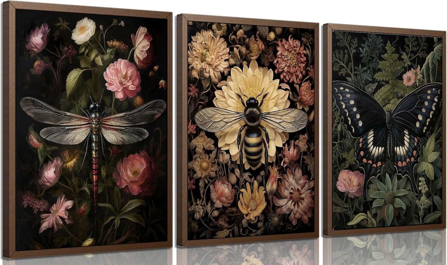 3Pcs Framed Vintage Insect Wall Art Paintings Dark Floral Wall Decor Pictures Dark Academy Dragonfly Butterfly Bee Prints Gothic Moody Artwork for Living Room Gallery Decoration 12x16in