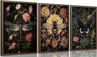 3Pcs Vintage Insect Wall Art Paintings Dark Floral Wall Decor Pictures Dark Academy Dragonfly Butterfly Bee Poster Prints Gothic Moody Artwork for Living Room Gallery Decoration 12x16in