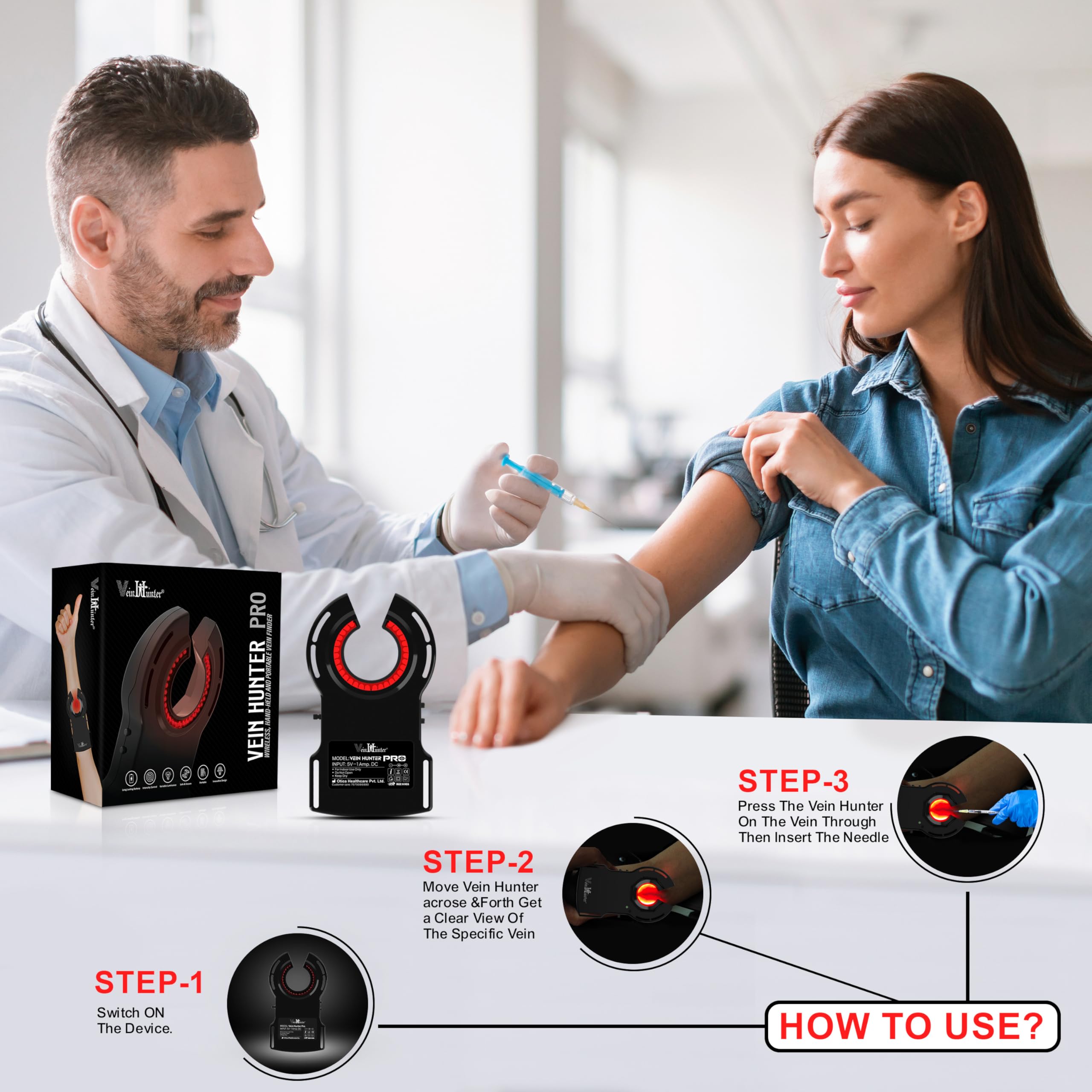 OTICA Vein Hunter Pro - Buscador de venas para flebotomía de acceso intravenoso para enfermeras, clínicas en hogares, visor de venas, detector de venas, dispositivo portátil de luz de venas para todas