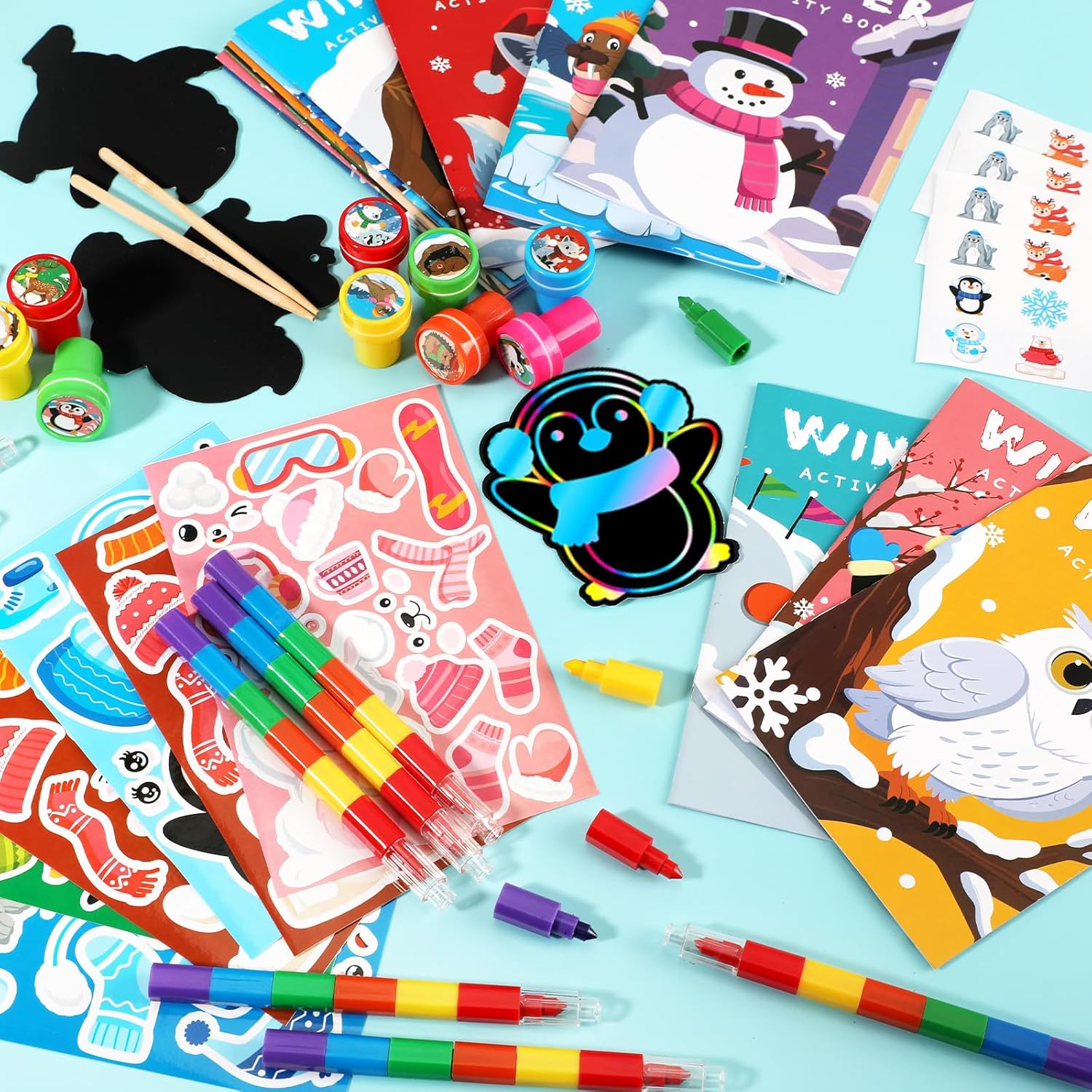 BenLouis Winter Party Favors Set Holiday Themed Coloring Book Classroom Gift Prizes Bulk for Students Kids Christmas Frozen Birthday Goodie Bag Stuffers Pinata Filler (24Set Animals)