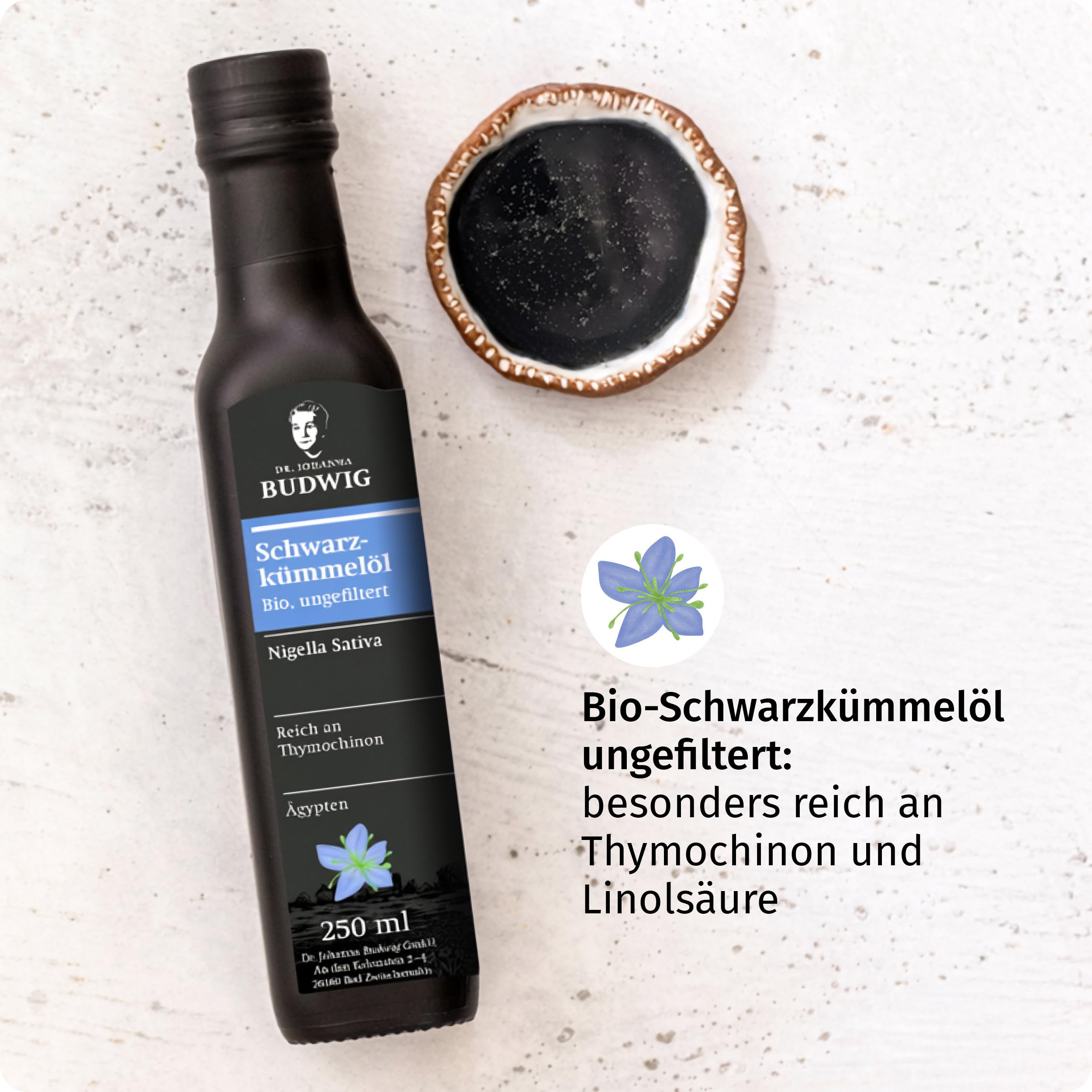 Dr. Budwig Premium Bio Schwarzkümmelöl ungefiltert (250ml) - nigella sativa - ätherisches Öl aus Ägypten - Vitamin E - 760mg Thymochinon - Linolsäure - kaltgepresst - laborgeprüft - naturrein