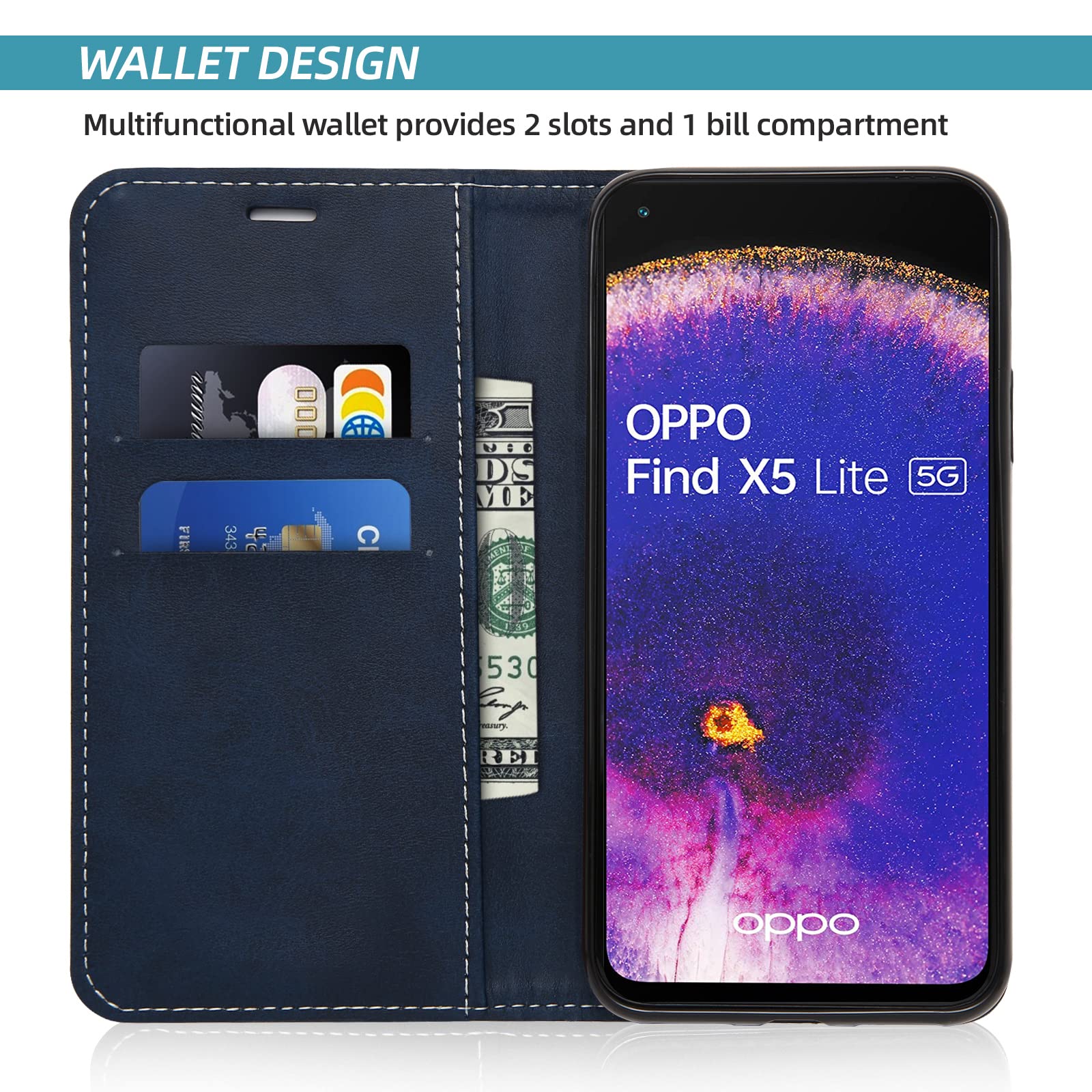 CASEONJAN Cover per Oppo Find X5 Lite 5G, Custodia a Portafoglio Cover a Libro in Pelle PU [Slot per Schede], Flip Caso Antiurto Case per Oppo Find X5 Lite 5G (Blu mare