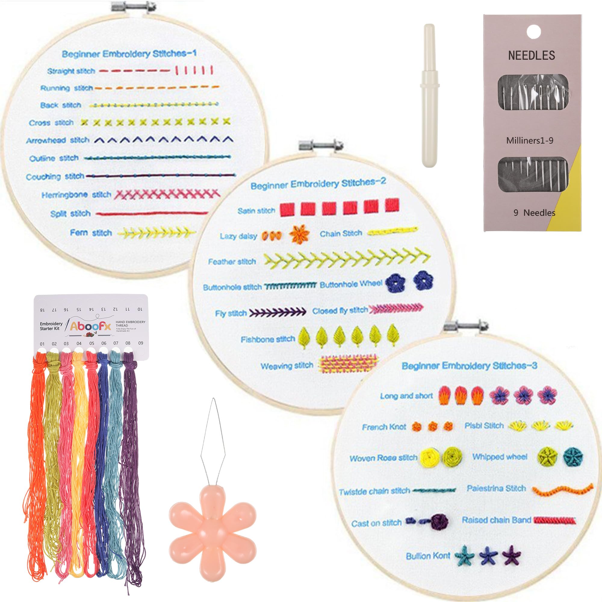 3 Sets Embroidery Kit for Beginners, Embroidery Stitch Practice Kit to Learn 30 Different Stitches, Including Embroidery Fabric with Project Patterns, Colored Threads, Needles, Hoops and Instructions