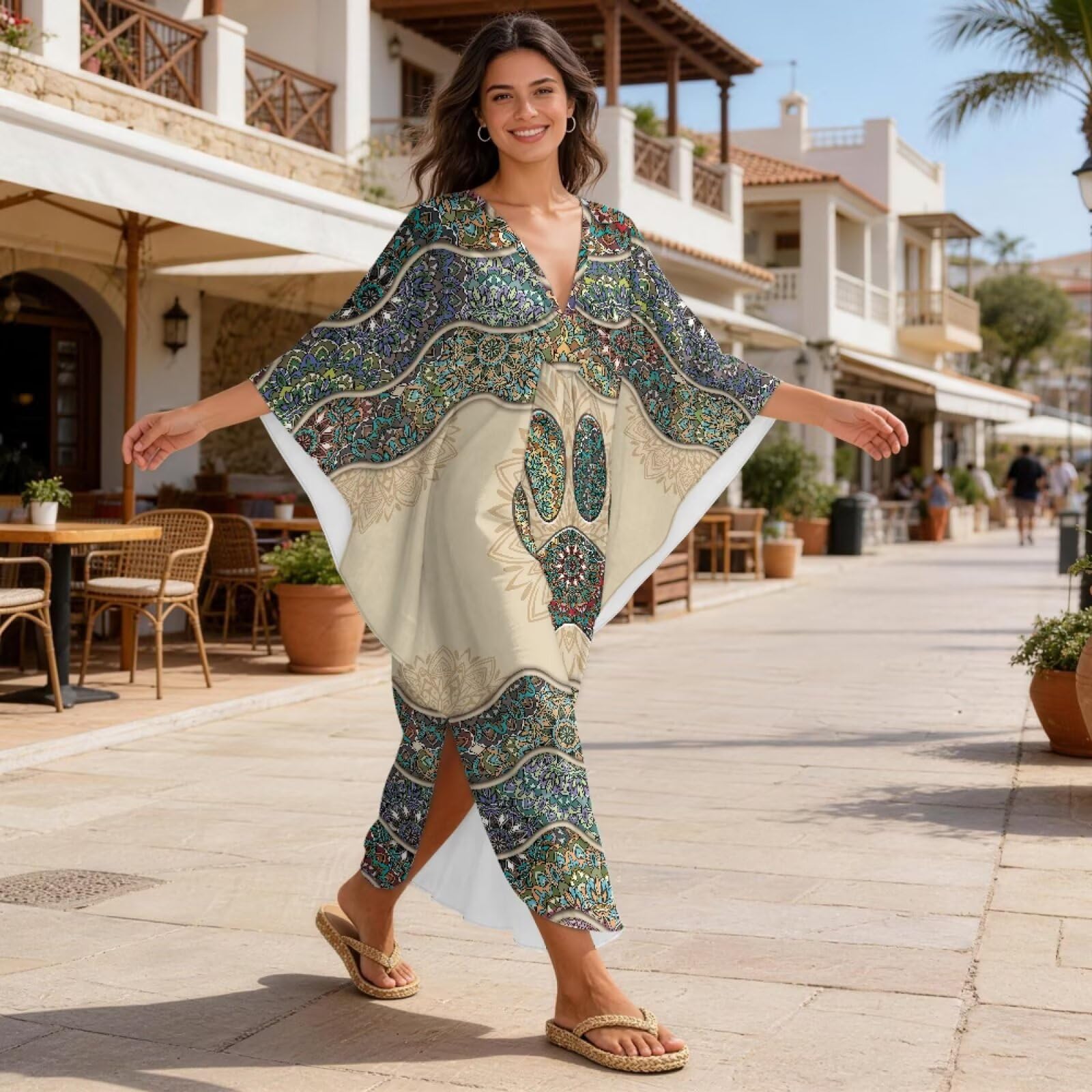 Caftano estivo da donna, con scollo a V, maxi abito da spiaggia da donna con maniche a pipistrello, abbigliamento da resort