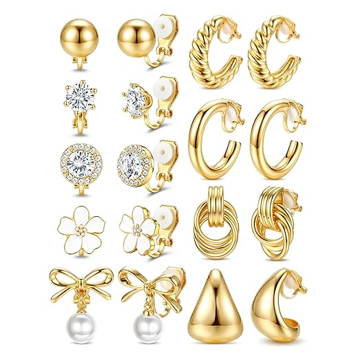 LOLIAS Clip On Earrings for Women 14K Gold Plated Clip Earrings Non Pierced Ears Clips CZ Pearl Knot Twist Chunky Hoop and Studs Earring Set Hypoallergenic Fake Earings Jewelry