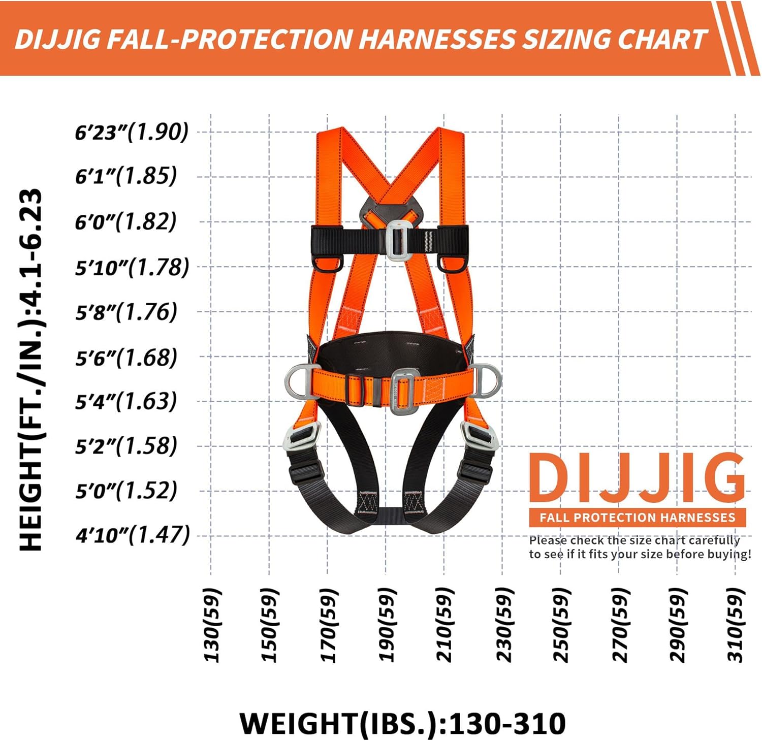 DIJJIG Safety Harness Fall Protection Kit Full Body Roofing Harnesses With Internal Shock Absorbing Lanyard, Orange Safety Harness For Construction OSHA/ANSI Compliant