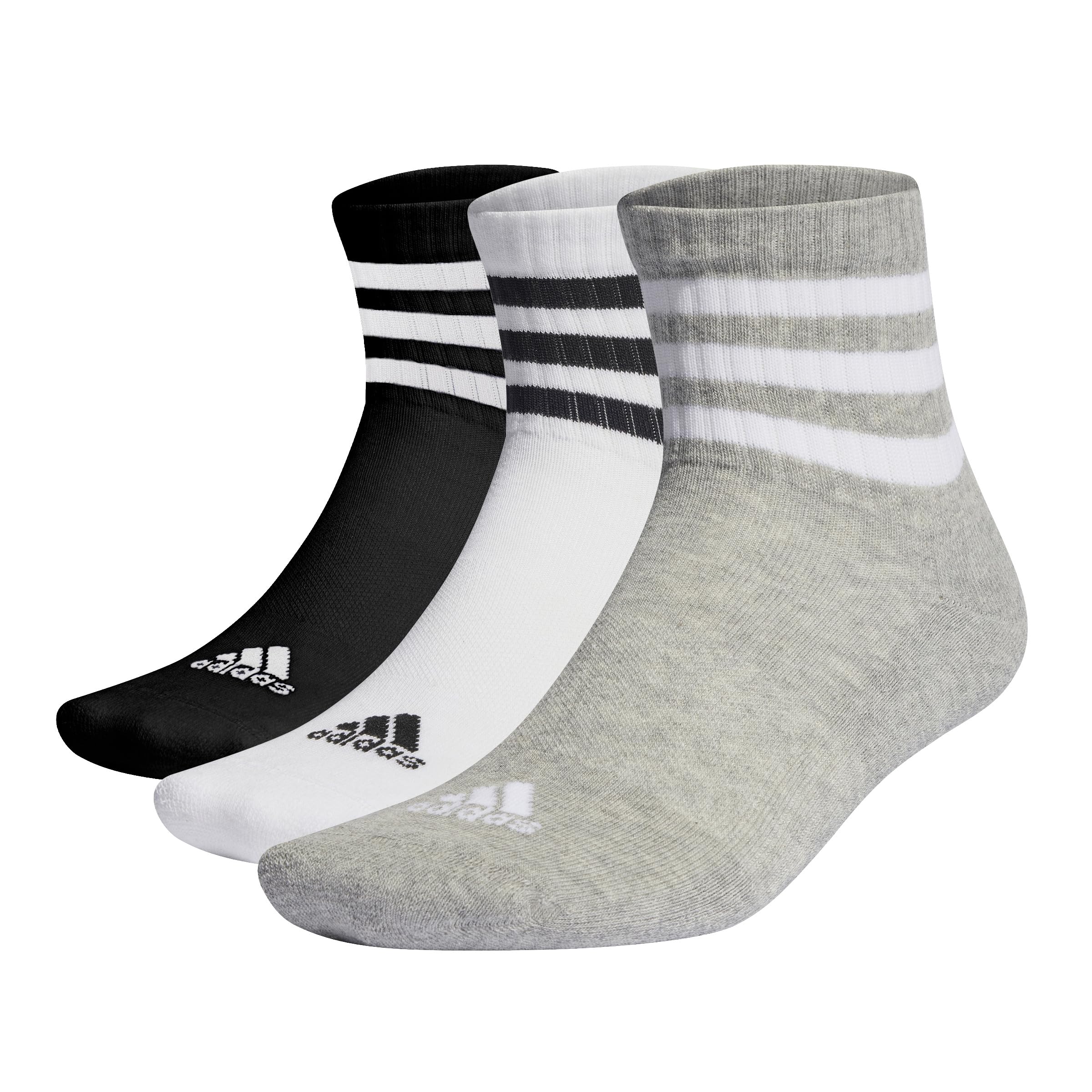 adidas Unisex 3-Stripes Cushioned Sportswear Mid-Cut Socks 3 Pairs, Medium Grey Heather/White/Black, 13-14.5