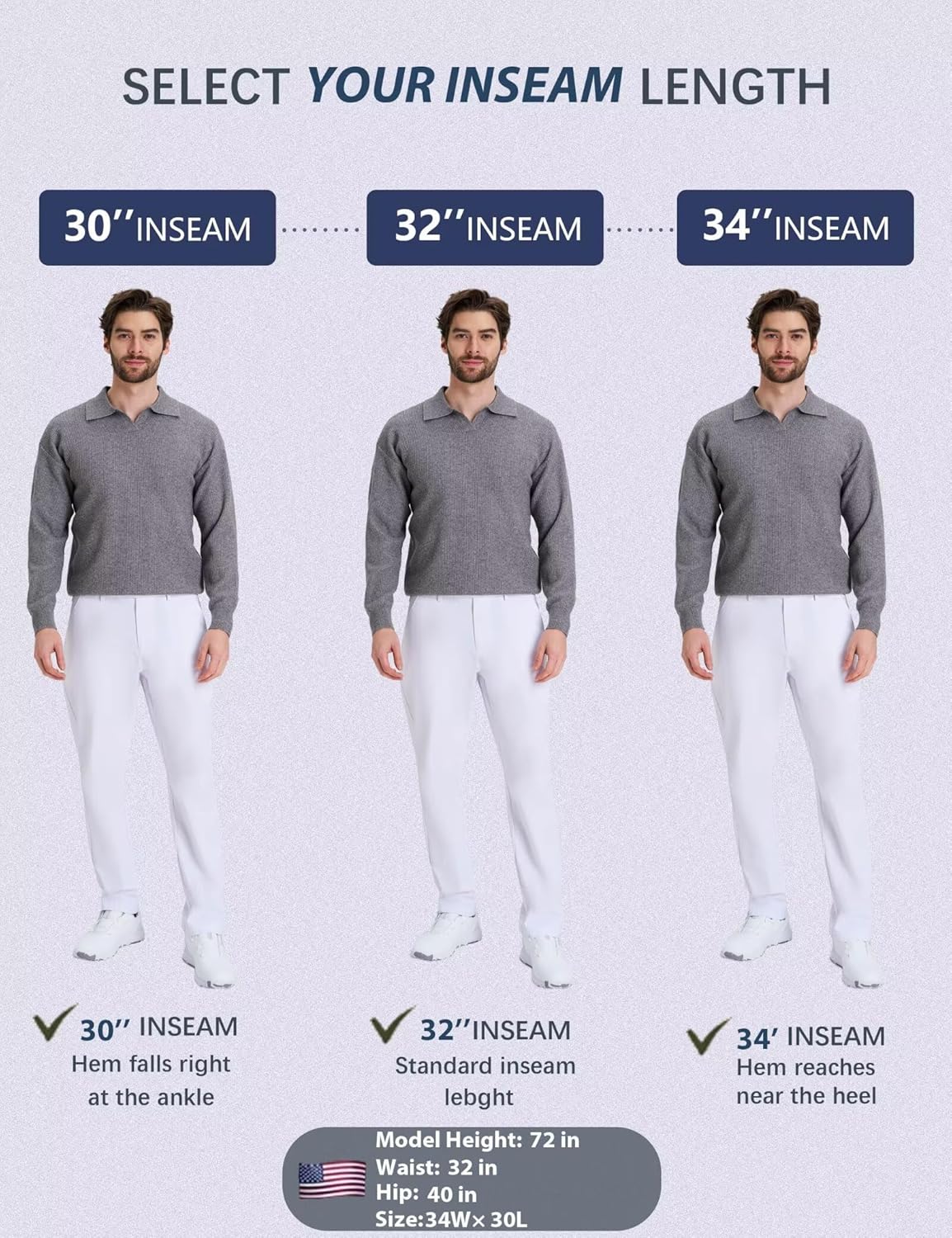 Mens Golf Pants Stretch Work Dress 30"/32" Water-Resistant Quick Dry Chinos Trousers with Pockets for Business Travel