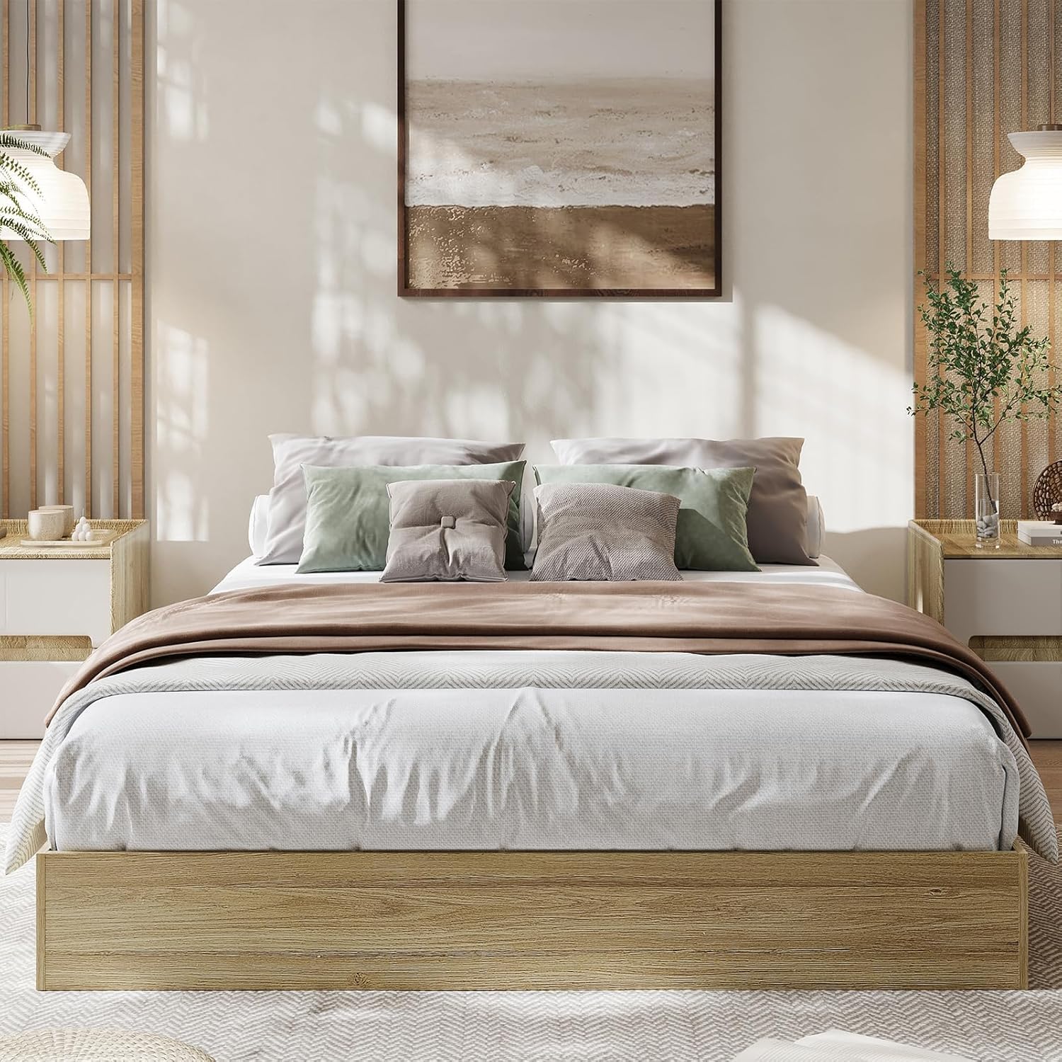 Condition photo showing Good Condition for california king size solid wood platform bed with sturdy wooden slats, floor-standing bed frame, modern minimalist design bed frame, no box spring needed, space saver, easy assembly, natural