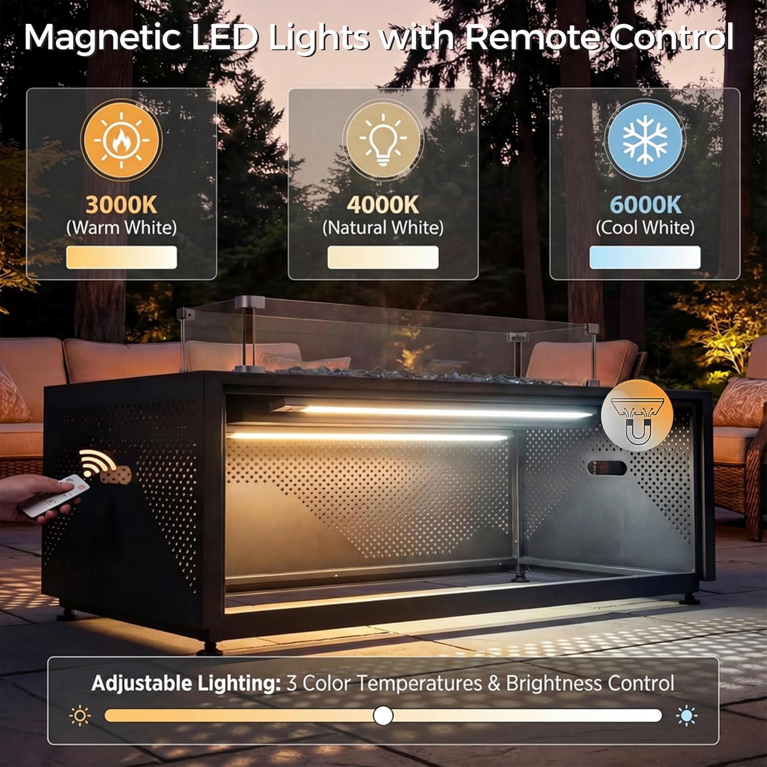 RADIATA 42” Rectangle Propane/Natural Gas Firepit for Patio, 50000BTU Outdoor Lowprofile Fireplace with Tank Table & LED Lights, Rain Cover, CSA Certified, Backyard Fire Pit for Porch Deck, Dark Gray