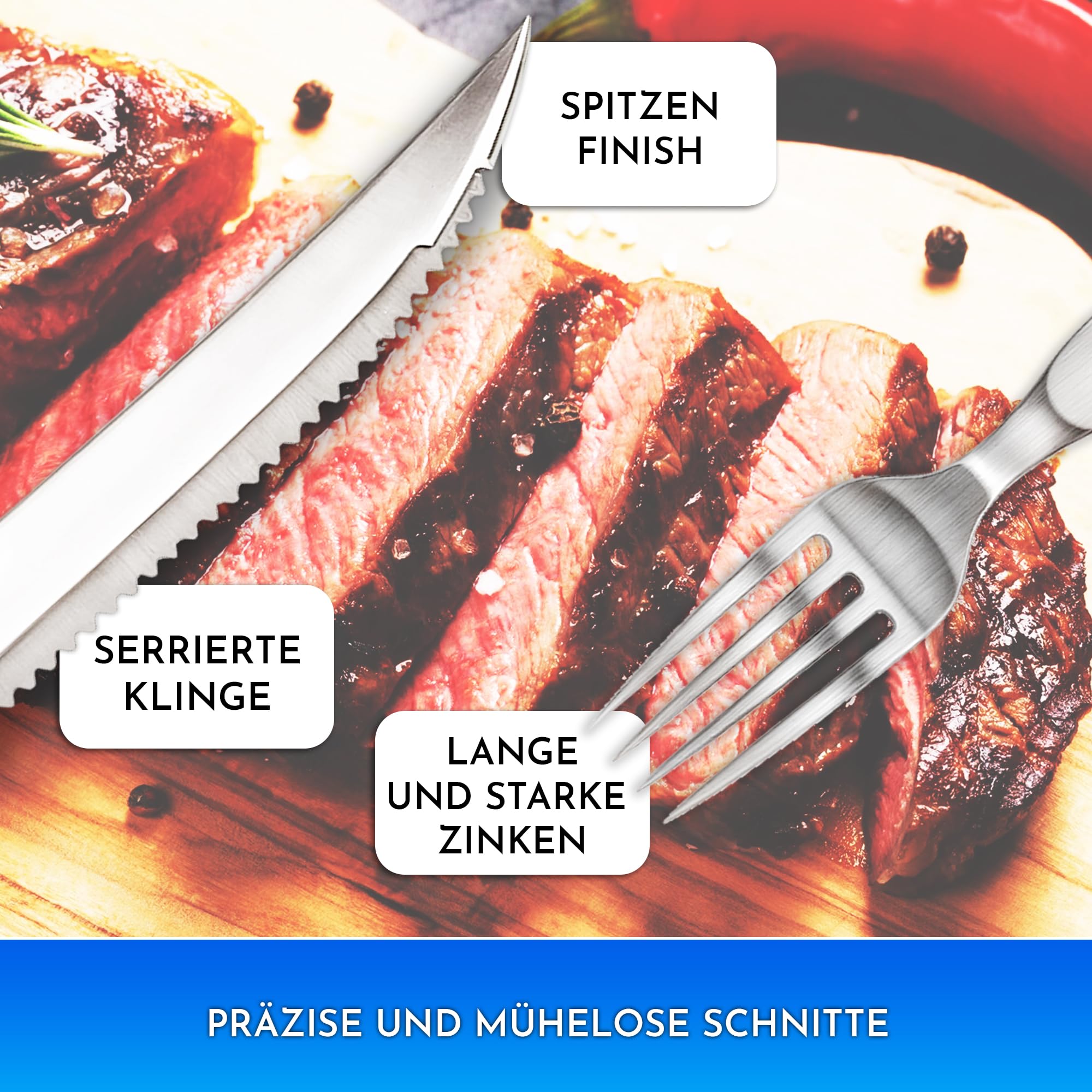 Steakbesteck edelstahl holz set 12 teilig mit 6 teilig Steakmessern und 6 teilig Steakgabeln