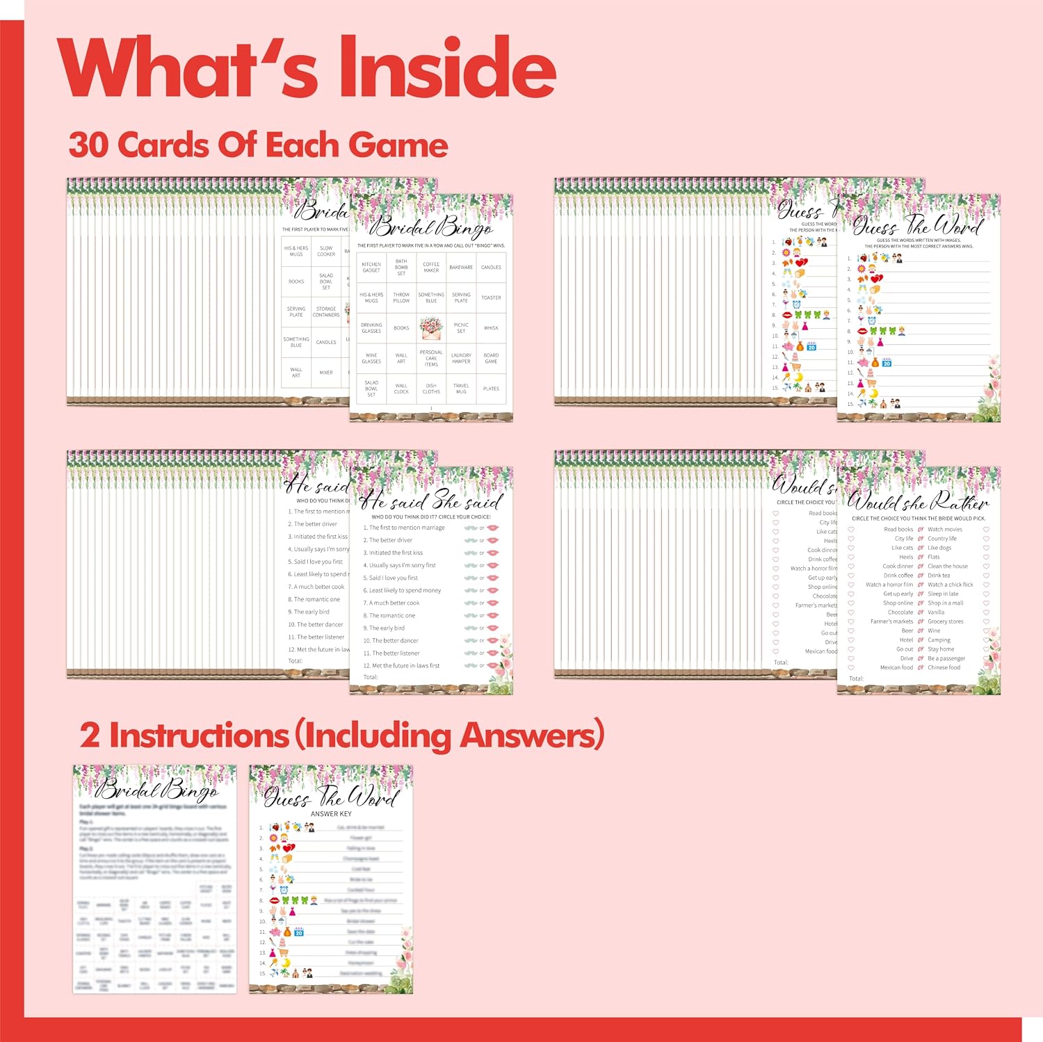 Bridal Shower Game Set, 4 Fun Games & Activities - Bingo Game/Would She Rather/He Said, She Said/Guess The Word for 30 Guests, All-in-one Set Wedding Party Supplies image 2