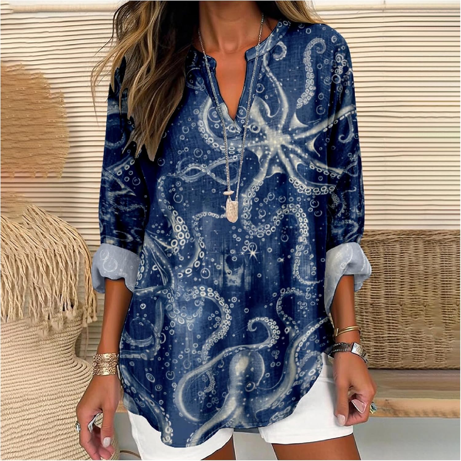 MARSVOVO Japanese Art Style Shirt for Women Long Sleeve Novelty Graphic Tops V Neck Oversize Vintage Causal Pullover - Image 2