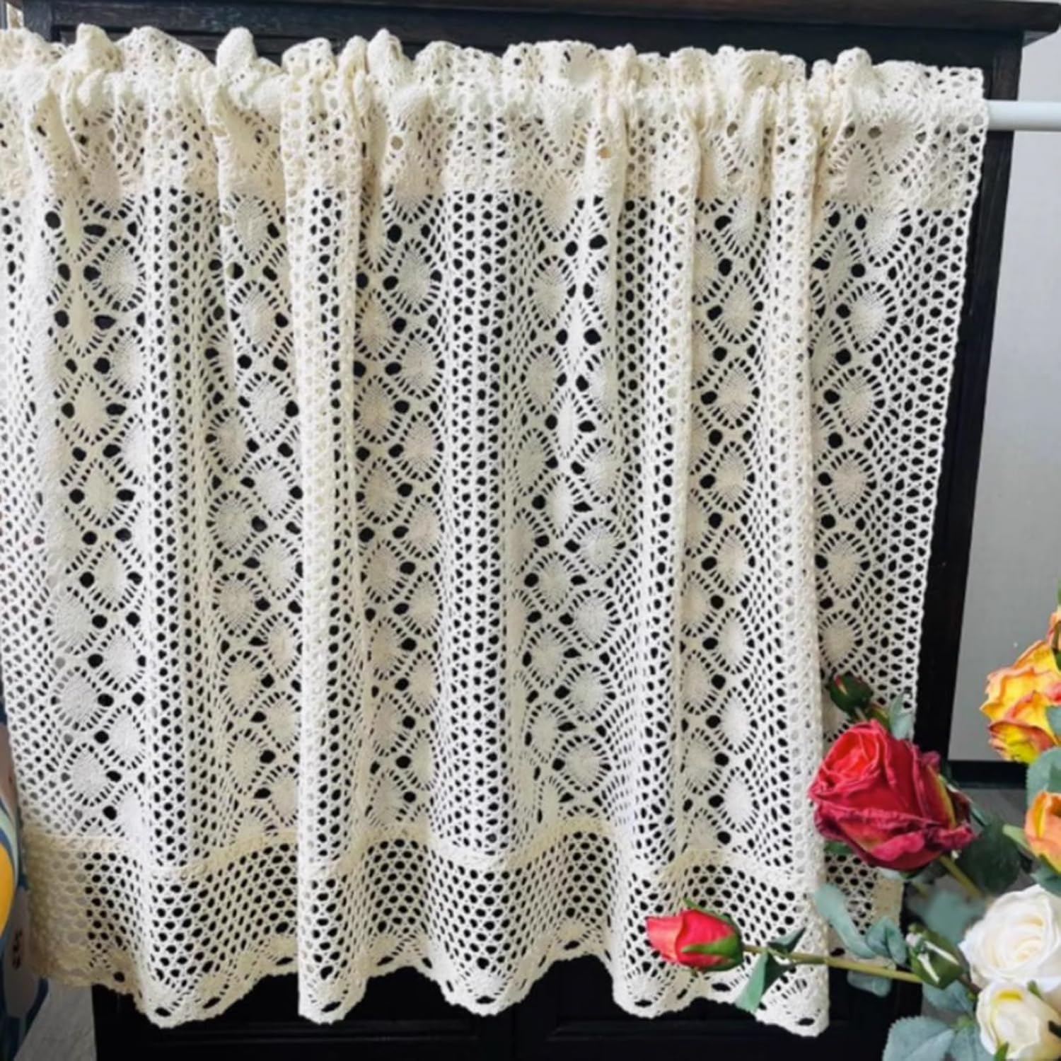 Cotton Crochet Kitchen Curtain Hand Crochet Hollow Rustic Style Transparent Window Treatment Decoration Valance Curtain with Rod Pocket (Color : Beige, Size : 150x45cm/59x18in)