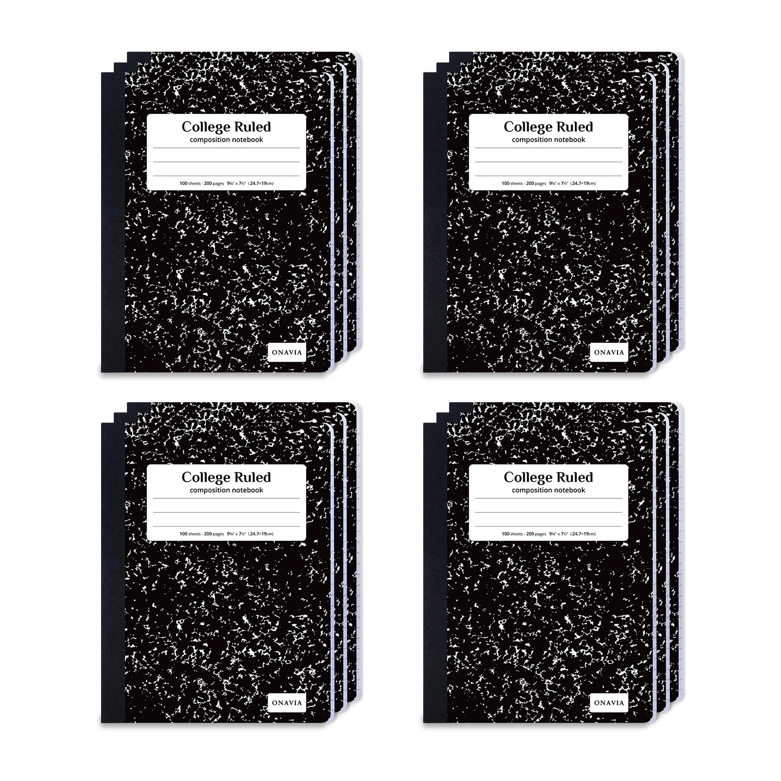 ONAVIA Composition Notizbuch, College, liniert, 12 Stück, 200 Seiten (100 Blatt), 24,5 x 19,5 cm, schwarzer Marmor, Notizbücher für Schule, Arbeit, Büro, langlebiges Schreibbuch, Schulbedarf