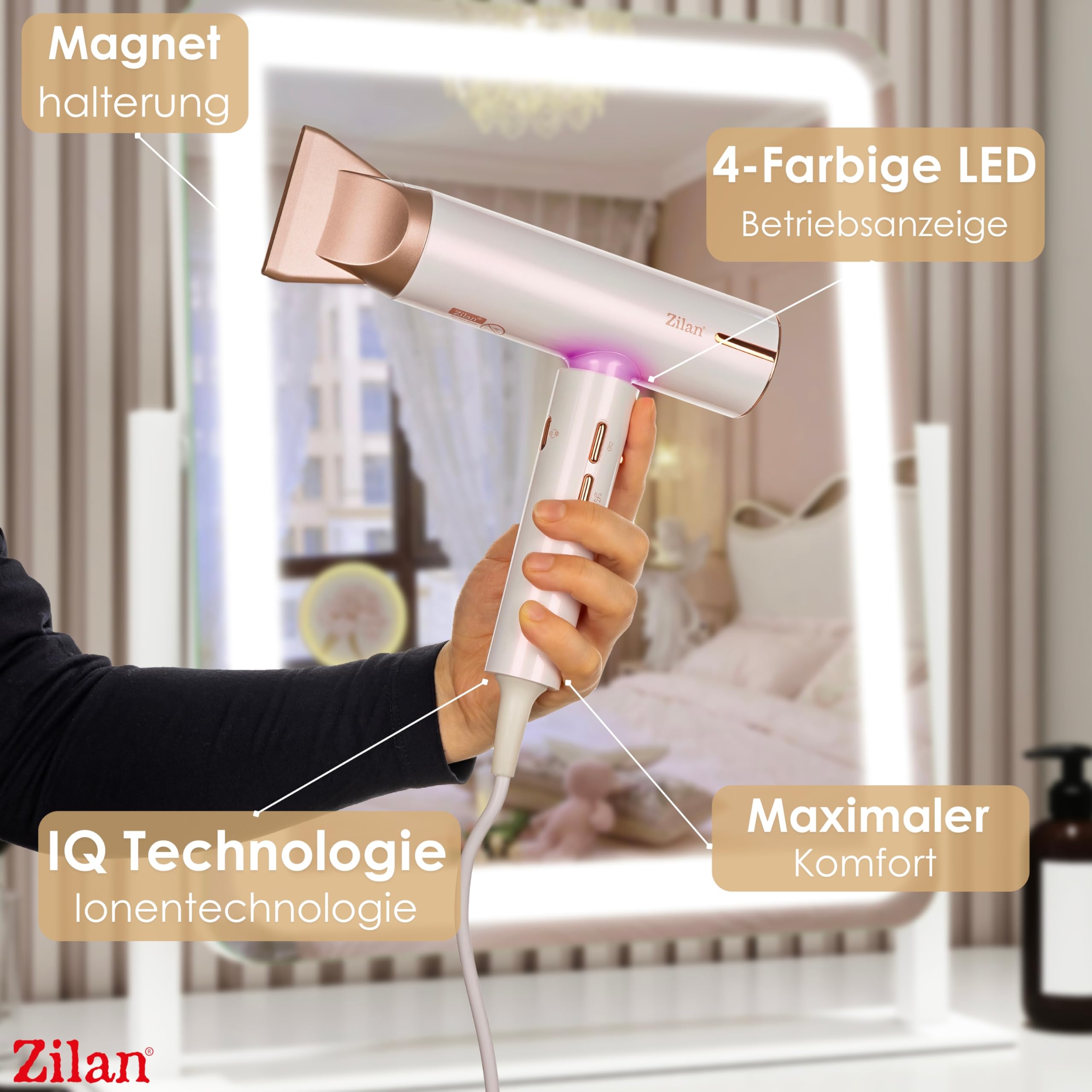 Zilan ZLN9181 ATHENA PRO İyonizerli Saç Kurutma Fön Makinesi – 1800W Güç, 3 Isı ve 3 Hız Ayarı, BLDC motor 110.000 devir/dakika, iyon saç kurutma, özel ve kuaför için, IQ teknolojisi