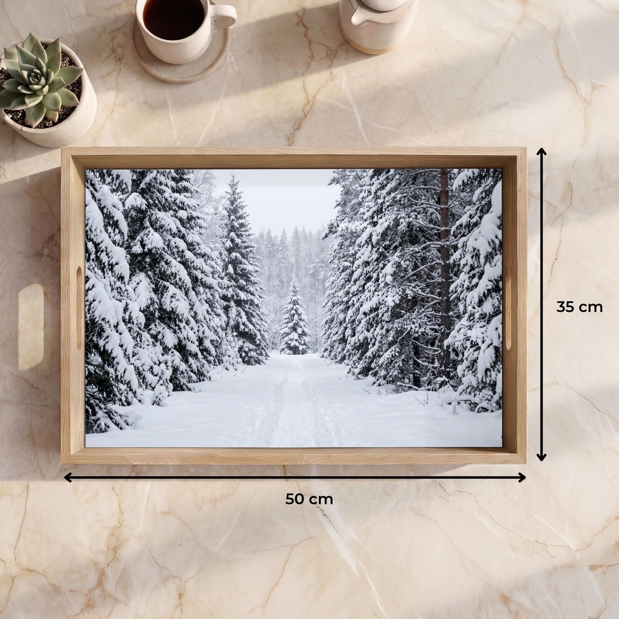 Tablett Rechteckig 50x35 cm Serviertablett rutschfest Griff Küchentablett Servierplatte Eiche Holztablett Henkel Hitzebeständig Wald - Winter - Schnee - Weg - Natur