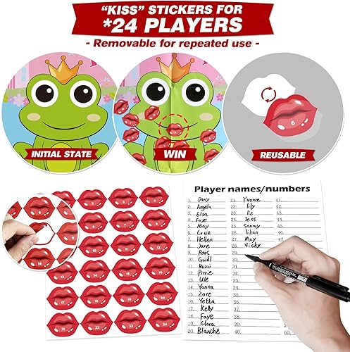 Miniatura 4 de PARTYLOUD Juegos de fiesta de San Valentín, Pin The Kiss on The Frog, 24 piezas de juegos de fiesta de San Valentín, aula, suministros de fiesta