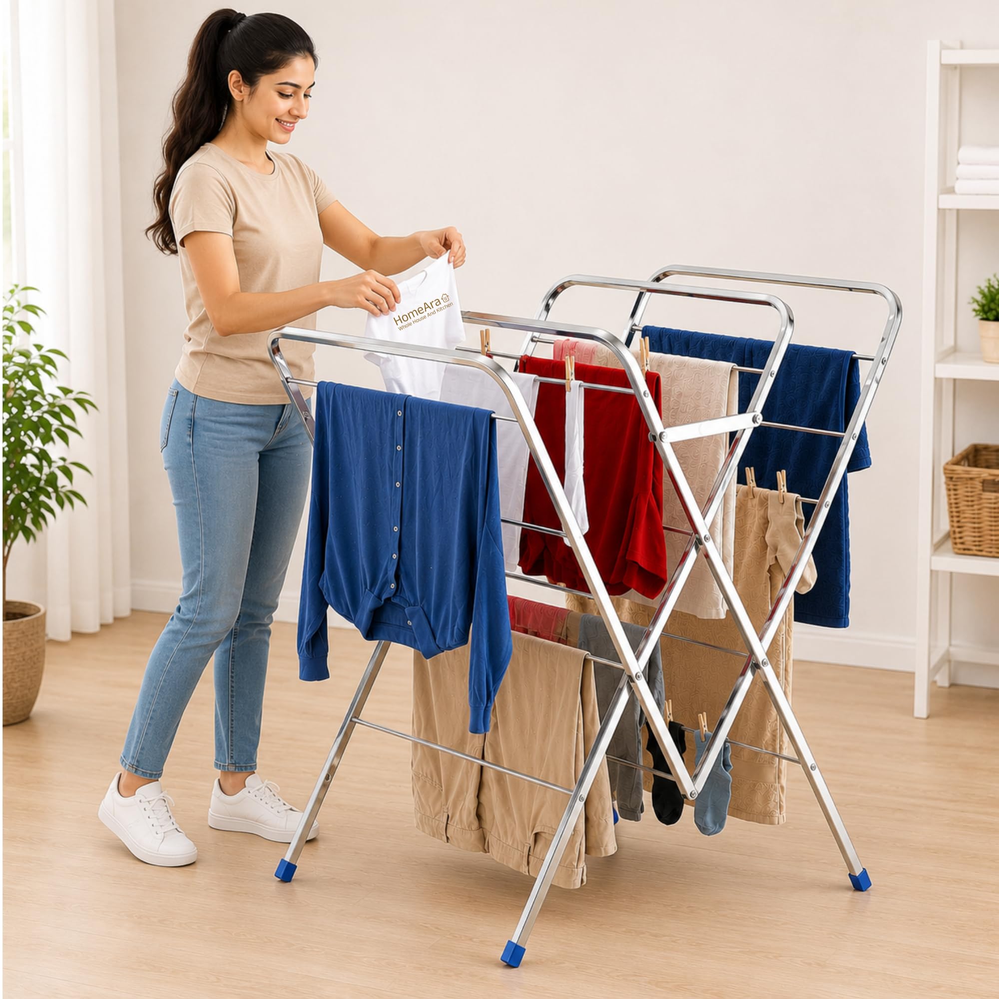 Stainless Steel Foldable Clothes Drying Rack | 23 Rods & 44 Ft Drying Space Saving Dryer with Anti-Slip Feet | Rustproof, Heavy Duty Laundry Drying Stand for Indoor & Outdoor Use-image-29
