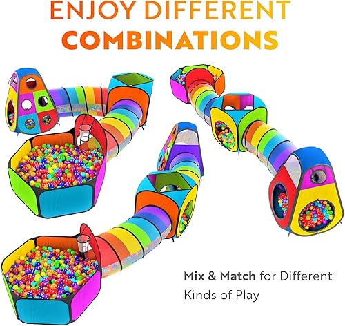 Miniatura 6 de Playz Tiendas de campaña y túneles de juego para niños de 5 piezas, piscina de pelotas para niños pequeños, aro de baloncesto, tubos de gateo, casas