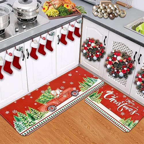 Miniatura 4 de Yinhua Juego de 2 alfombras y tapetes de cocina de Navidad, antideslizantes, color rojo, para piso, camión de Papá Noel, árboles de Navidad, tapetes