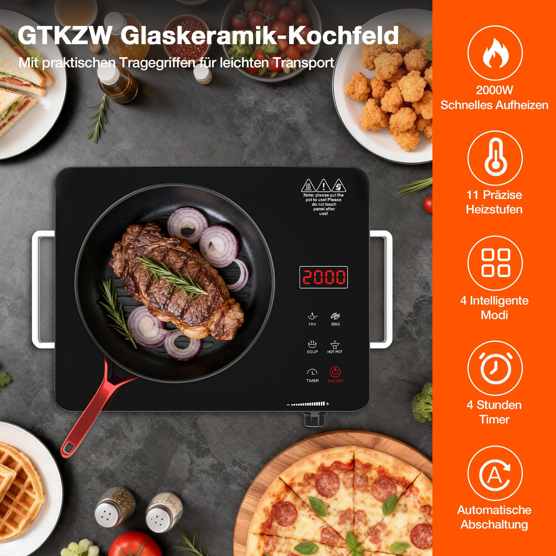 Glaskeramikkochfeld 2000W, Tragbare Kochplatte Elektrisch 1er 36 cm mit Isolierten Griffen, 4 Kochmodi & 4H-Timer, Kochplatte Infrarot für Alle Töpfe, Tisch, Balkon und Camping