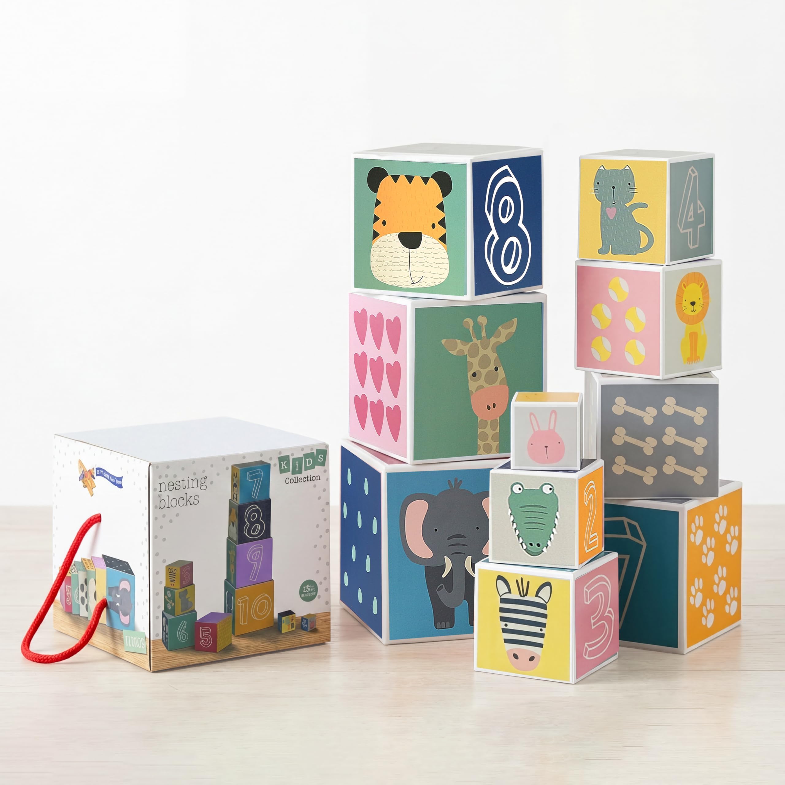 The Magic Toy Shop Kids Nesting & Stacking Blocks - 10 Piece Montessori Educational Activity Set for Babies, Toddlers - 87cm Tall Tower Cubes with Numbers, Animals, Shapes & Storage Box