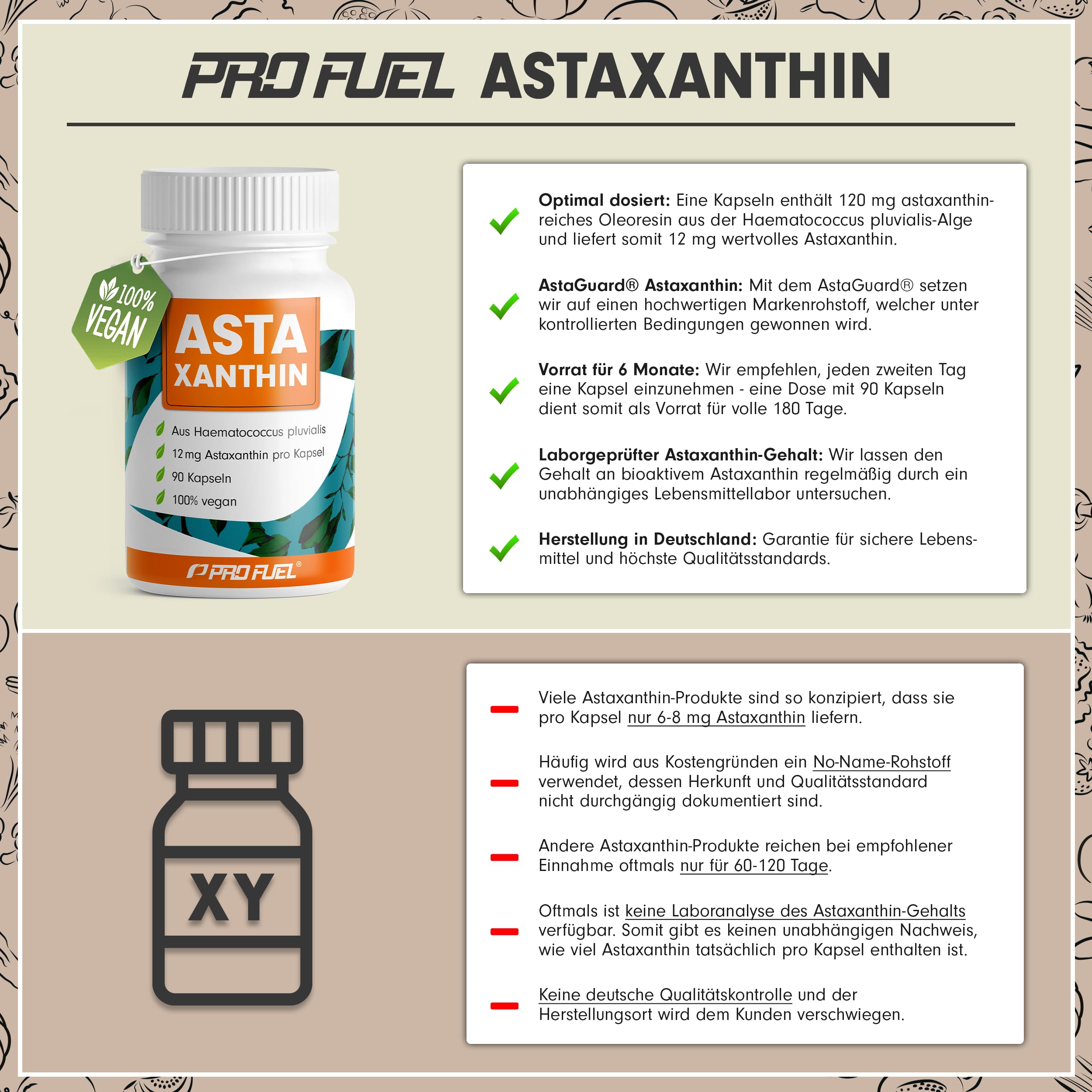 Astaxanthin-Kapseln 90x - hochdosiert mit 12 mg Astaxanthin pro Kapsel - AstaGuard® Premium-Rohstoff aus der Blutregenalge (Haematococcus pluvialis) - laborgeprüft - vegan - Vorrat für 6 Monate
