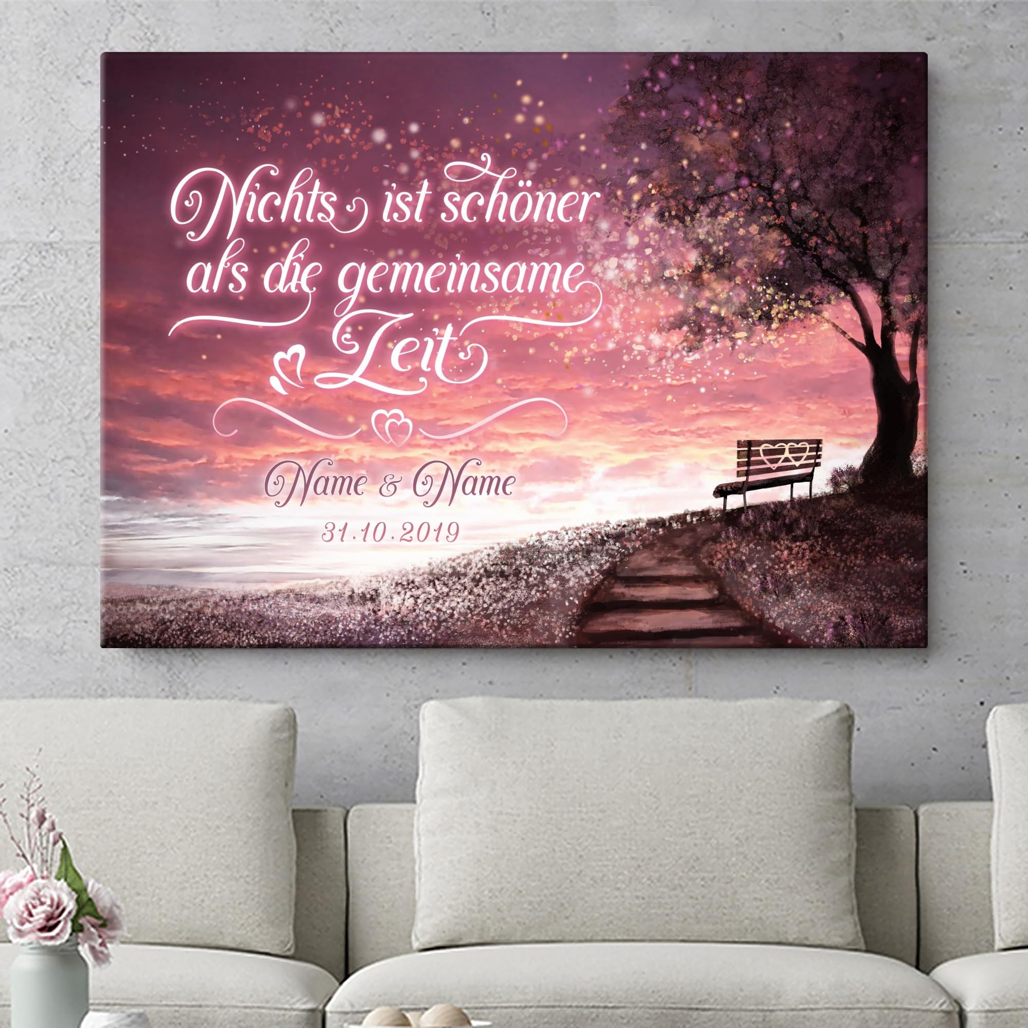 Liebesleinwand Romantischer Ausblick | Leinwand mit Namen und Datum | Wandbild gestalten, Jahrestag Geschenk für Frauen und Männer