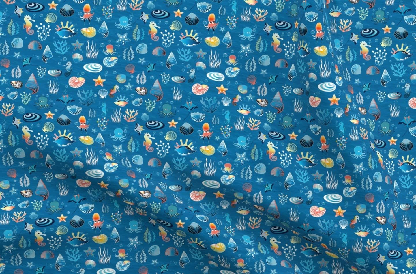 Spoonflower Fabric - Playful Sea Life Corals Creatures Octopus Starfish Tiny Print Nautical Printed on Organic Cotton Sateen Fabric by The Yard - Sewing Quilting Apparel Home Decor
